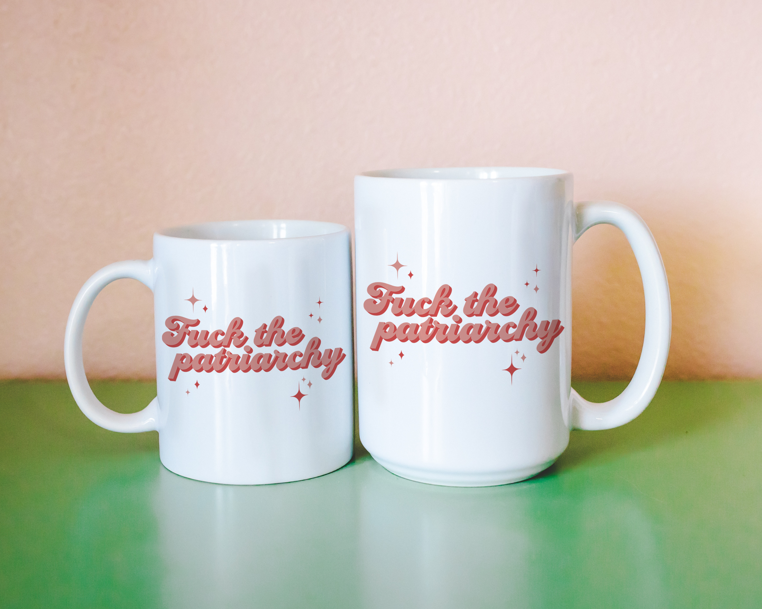 Sassy dopamine decor White coffee mug that says "fuck the patriarchy" in a retro vintage style red font. Available in 11oz and 15oz