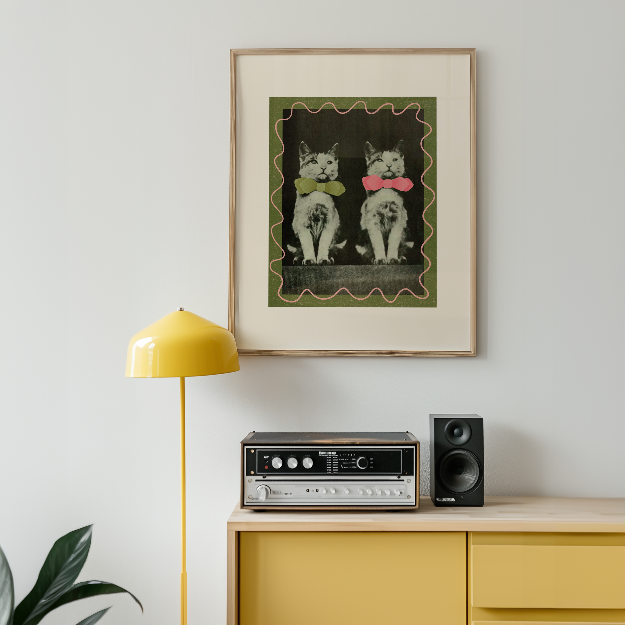 Dopamine decor poster print. Victorian photography of two kittens in bow ties, enhances with modern colour elements of pink and green