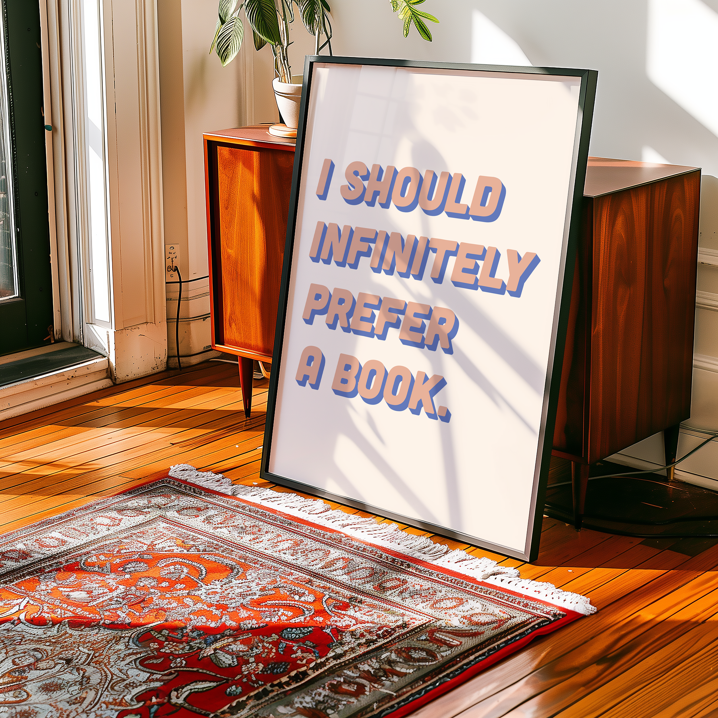 Bold dopamine decor quote print poster, “I should infinitely prefer a book.” Jane Eyre quote. retro two tone font pink and blue