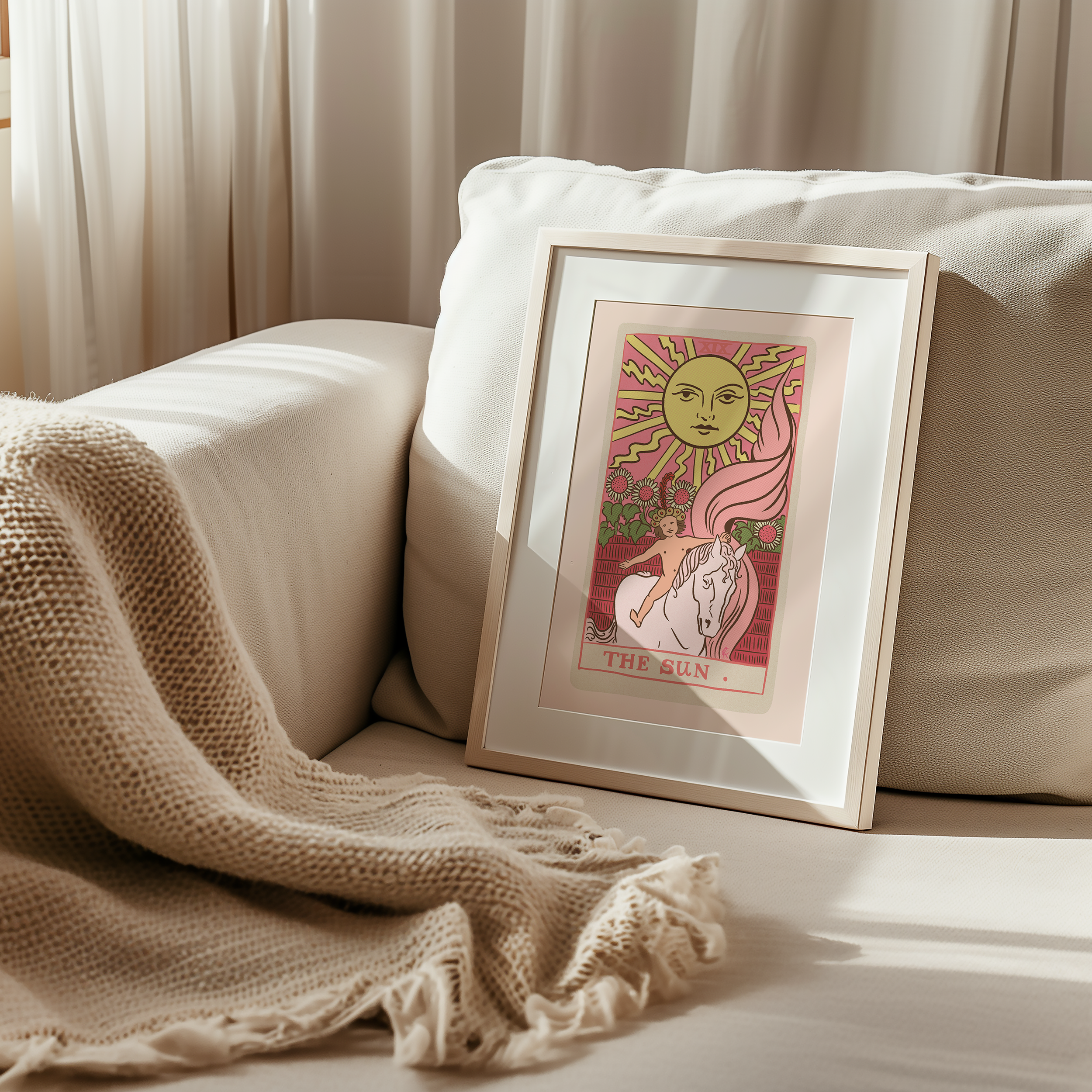 The Sun tarot card print, feminine pink witchy spiritual decor poster print.