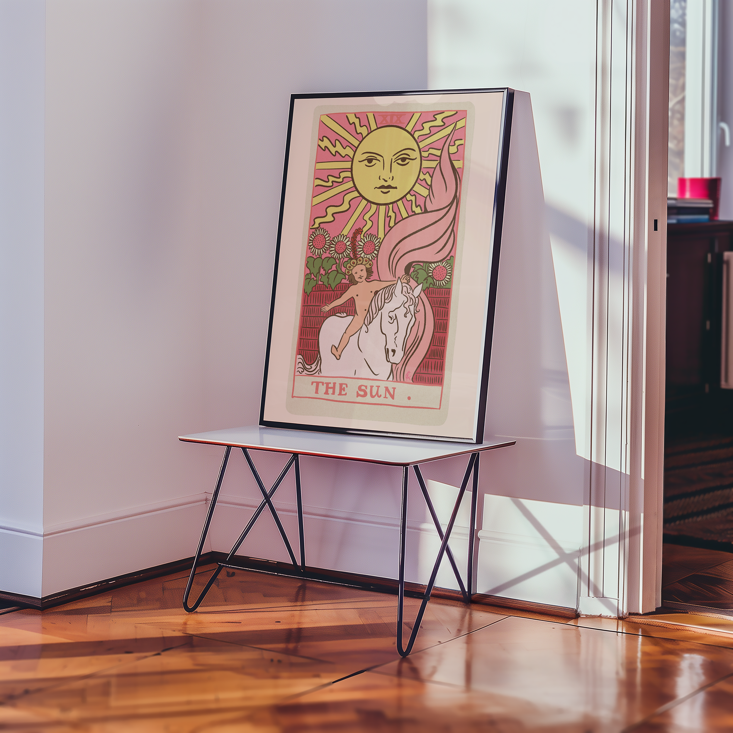 The Sun tarot card print, feminine pink witchy spiritual decor poster print.