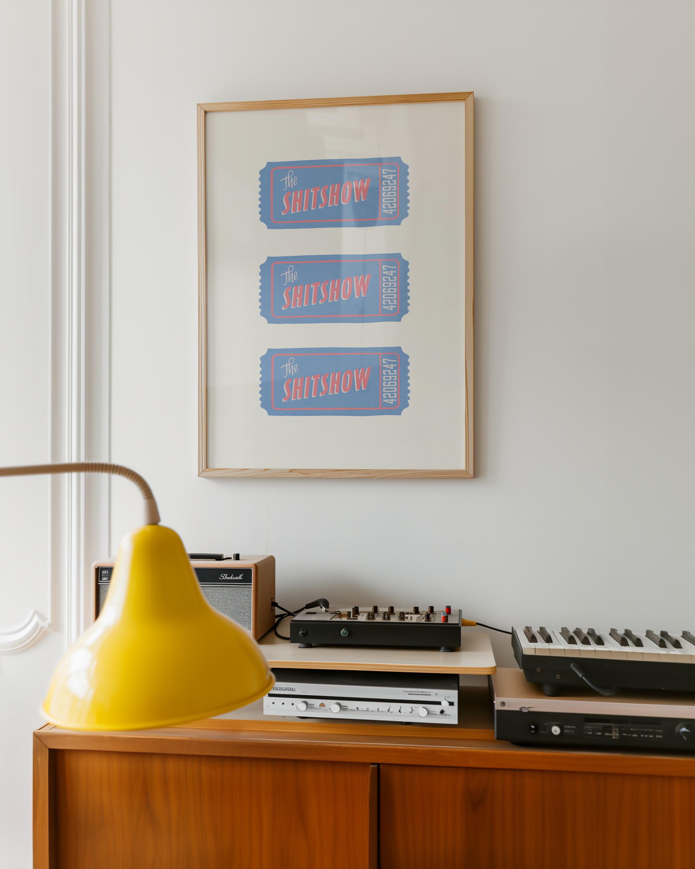 Bold dopamine decor print poster illustration of three vintage style tickets for the "Shitshow" in blue and pink. Vintage retro style poster print. Funny print poster.