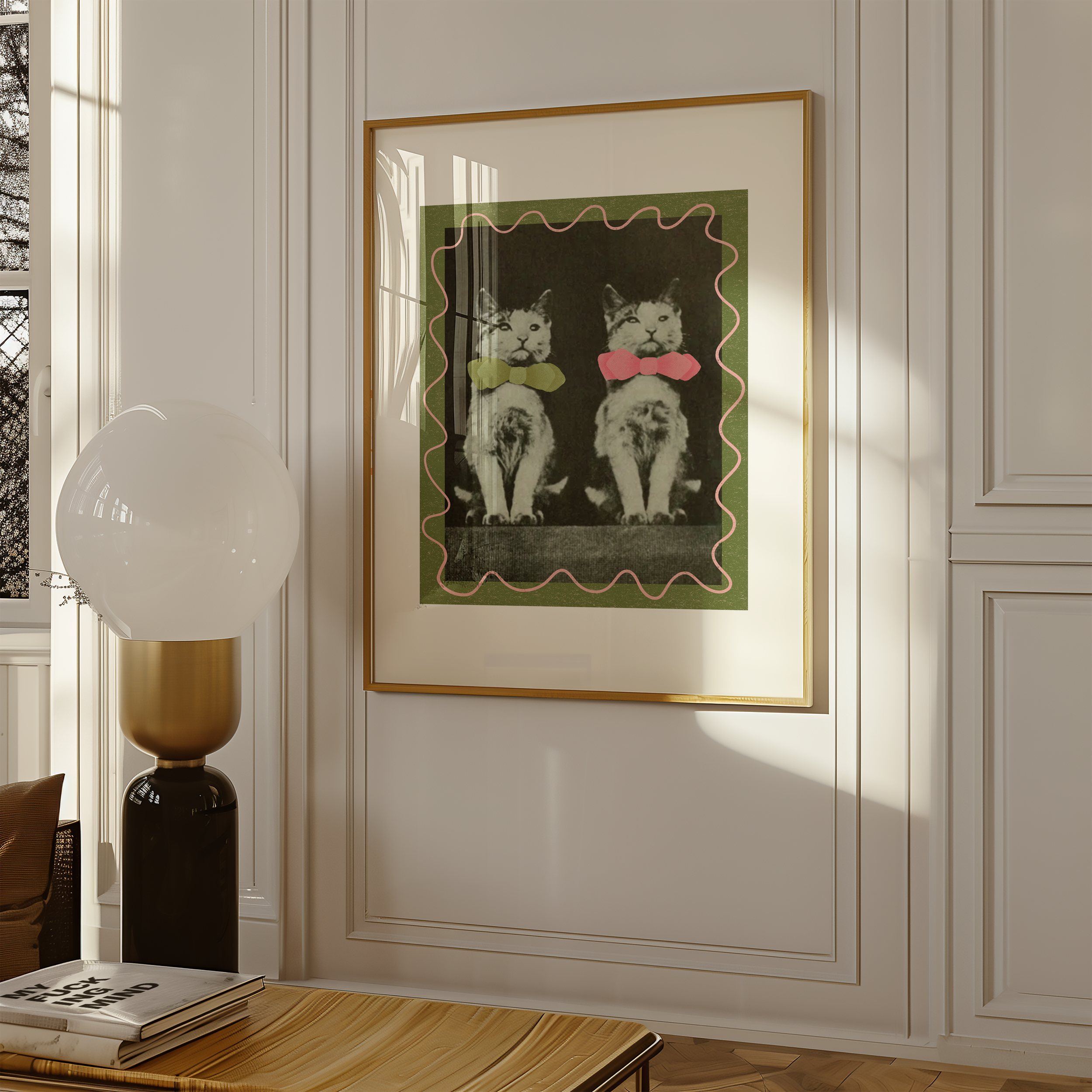 Dopamine decor poster print. Victorian photography of two kittens in bow ties, enhances with modern colour elements of pink and green