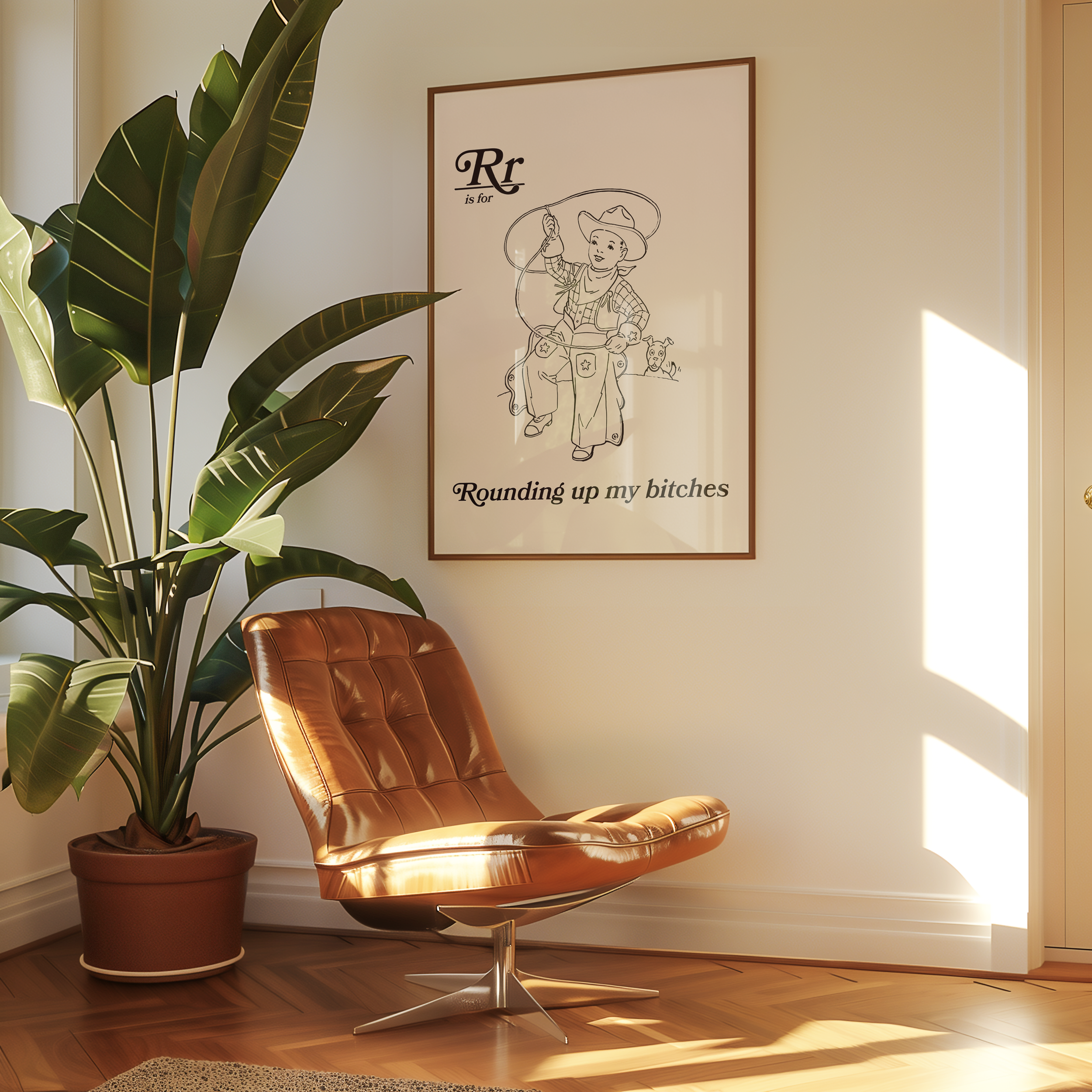 Dopamine decor poster print of retro style alphabet poster for the letter R or a childrens illuration cowboy with a lasso that say "R is for Rounding up my bitches." Adult humour print.