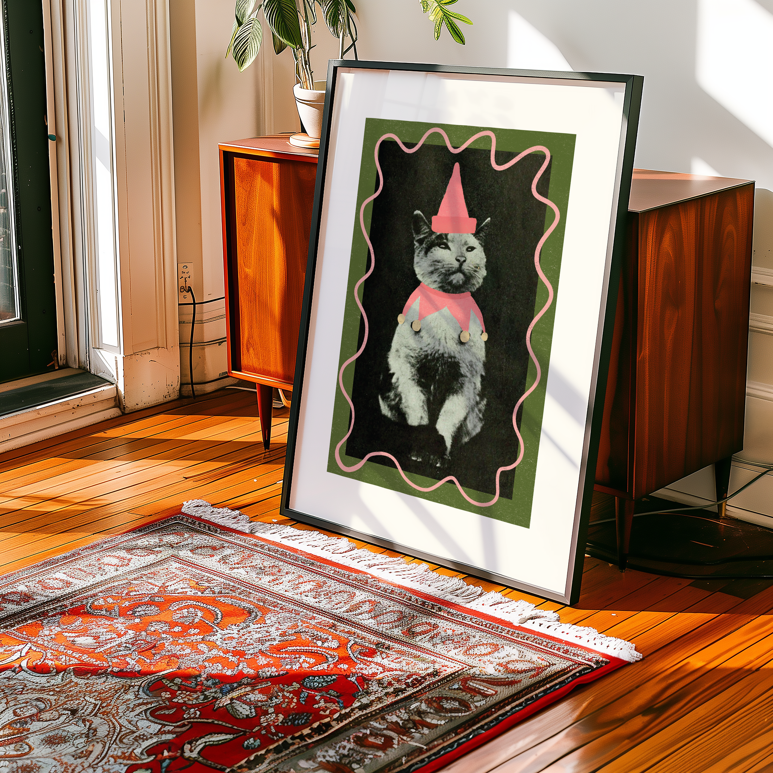 Dopamine decor poster print. Victorian photography pf cat wearing a jester costume, enhances with modern colour elements of pink and green