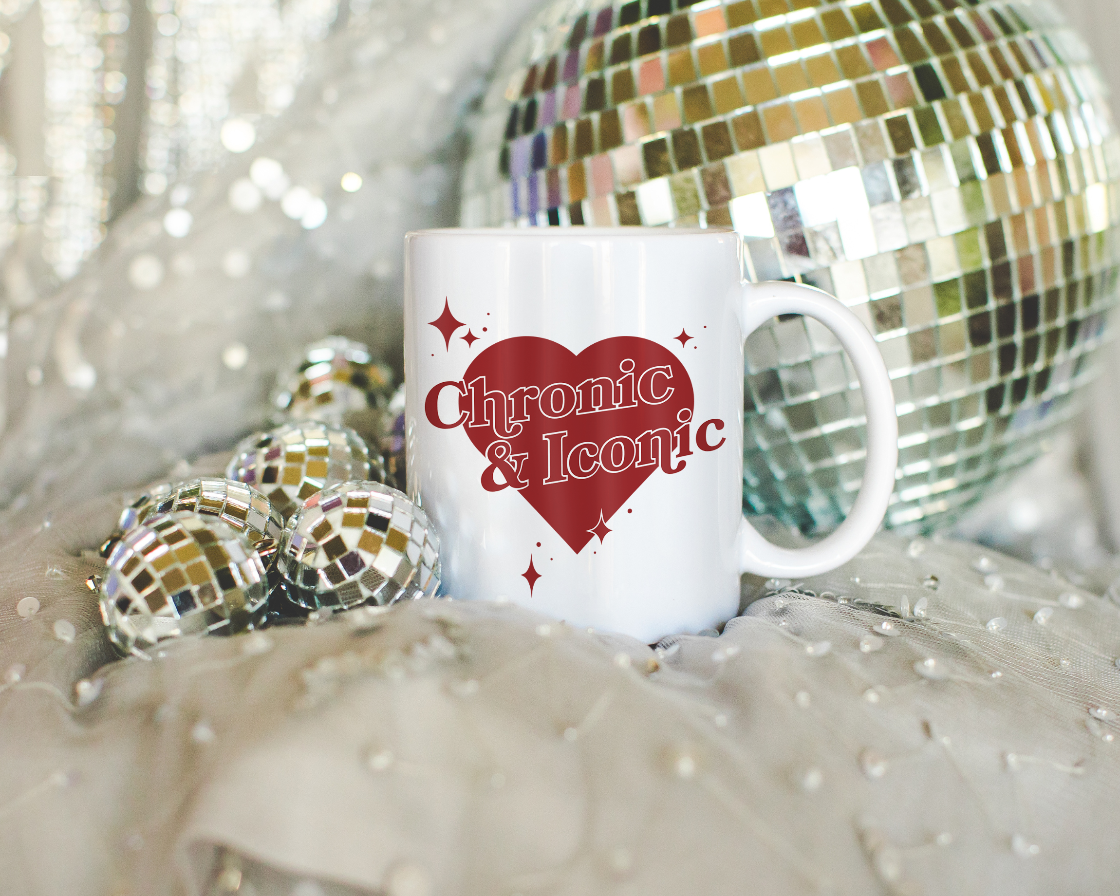 Sassy dopamine decor White coffee mug that says "chronic & iconic" in a retro vintage style heart that's red with a retro font.. Available in 11oz and 15oz