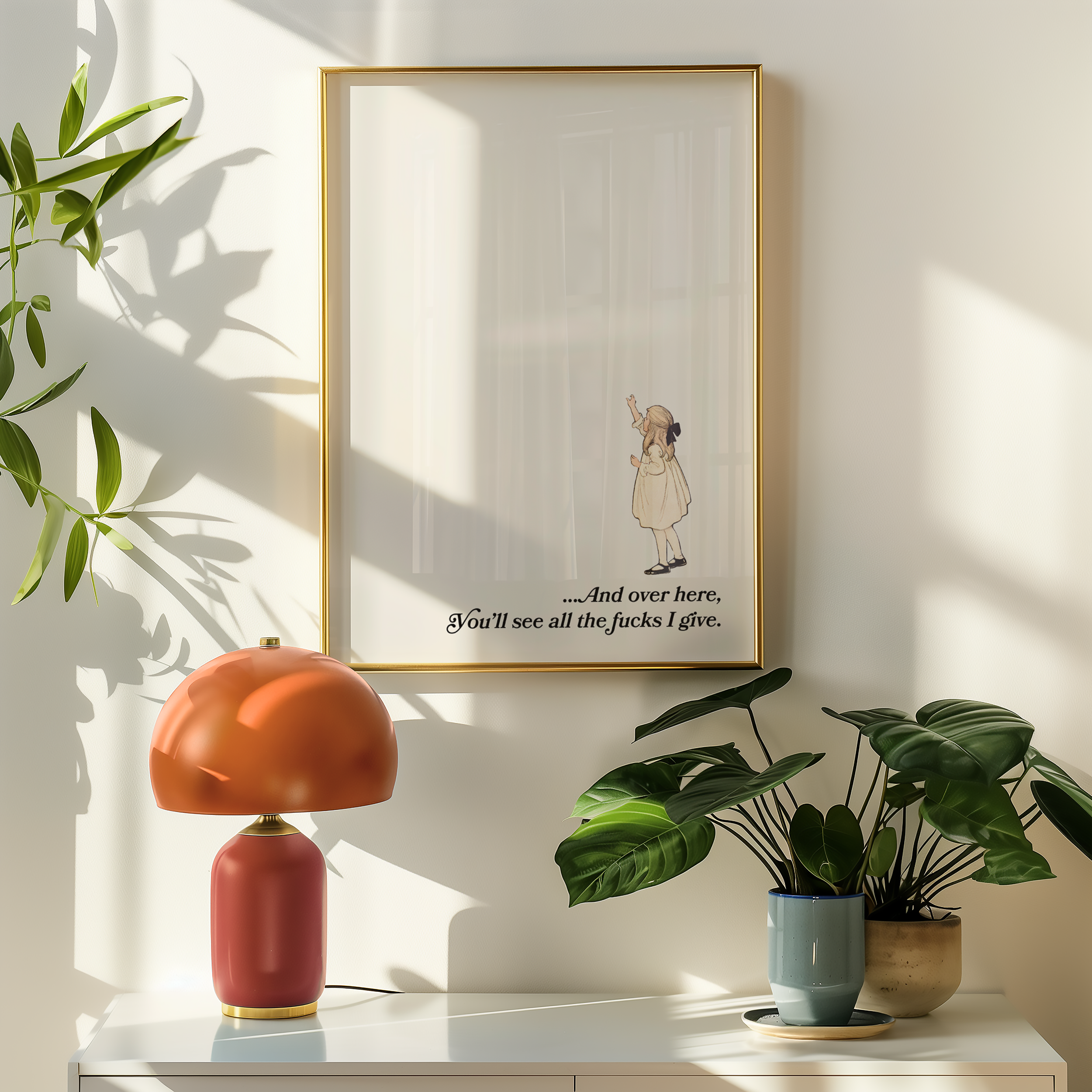 funny sarcastic print poster. Vintage girl pointing to open blank space and saying "And over hear you'll see all the fucks i give"