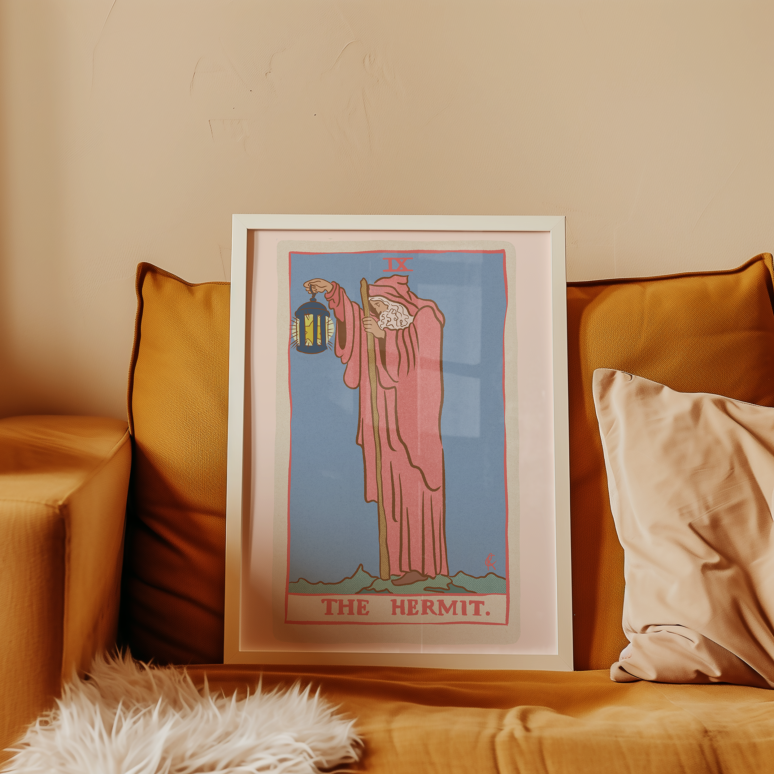 The Hermit tarot card print, feminine pink witchy spiritual decor poster print.