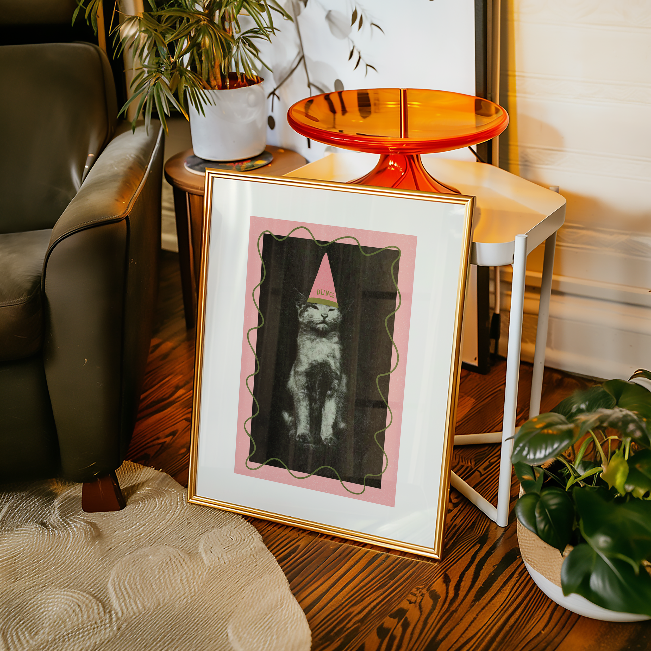Dopamine decor poster print. Victorian photography pf cat wearing a dunce cat, enhances with modern colour elemants of pink and green