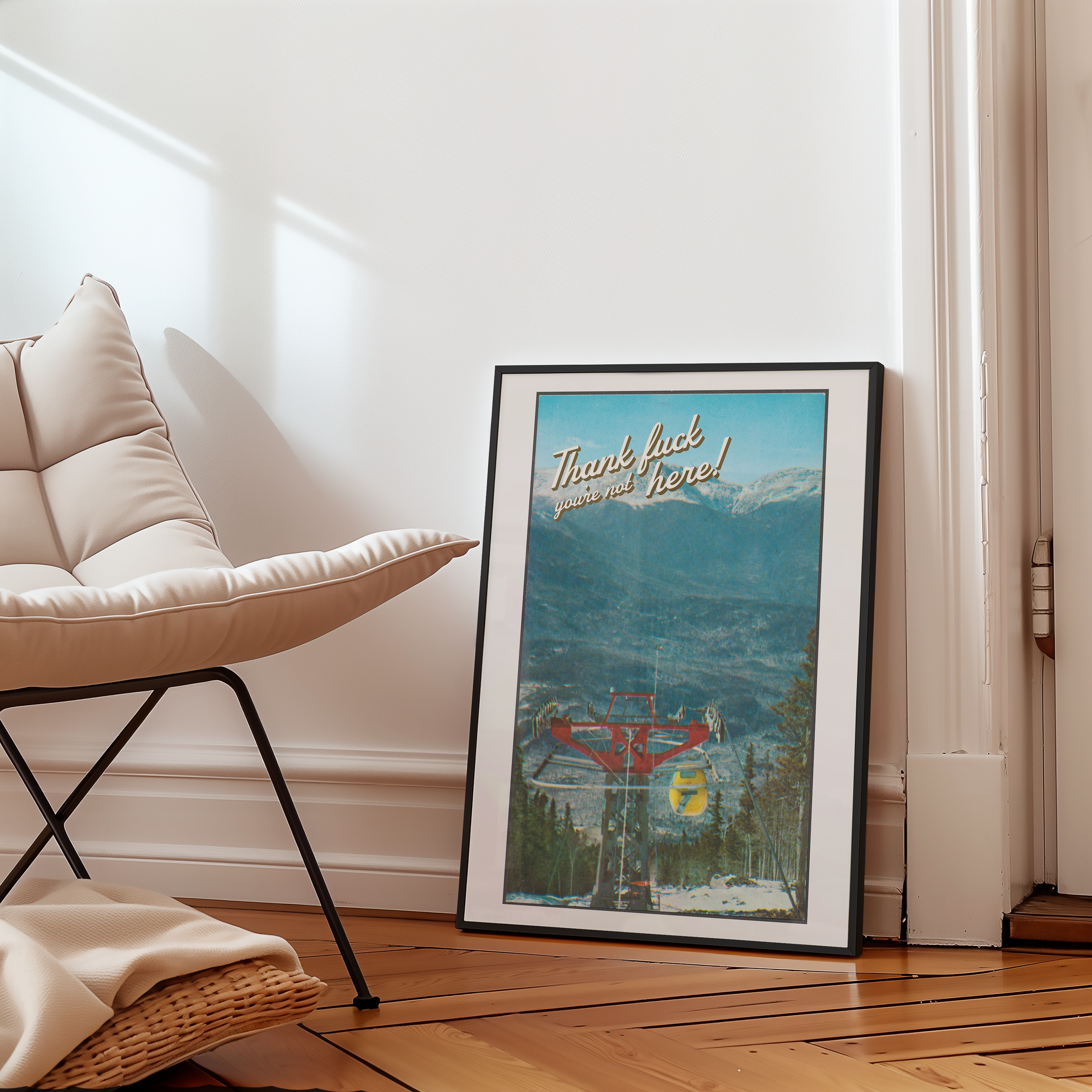 Bold dopamine decor print poster of a vintage postcard that says "thank fuck you're not here!" in retro font. Funny poster. Ironic poster print. Vintage style. Vintage travel poster.