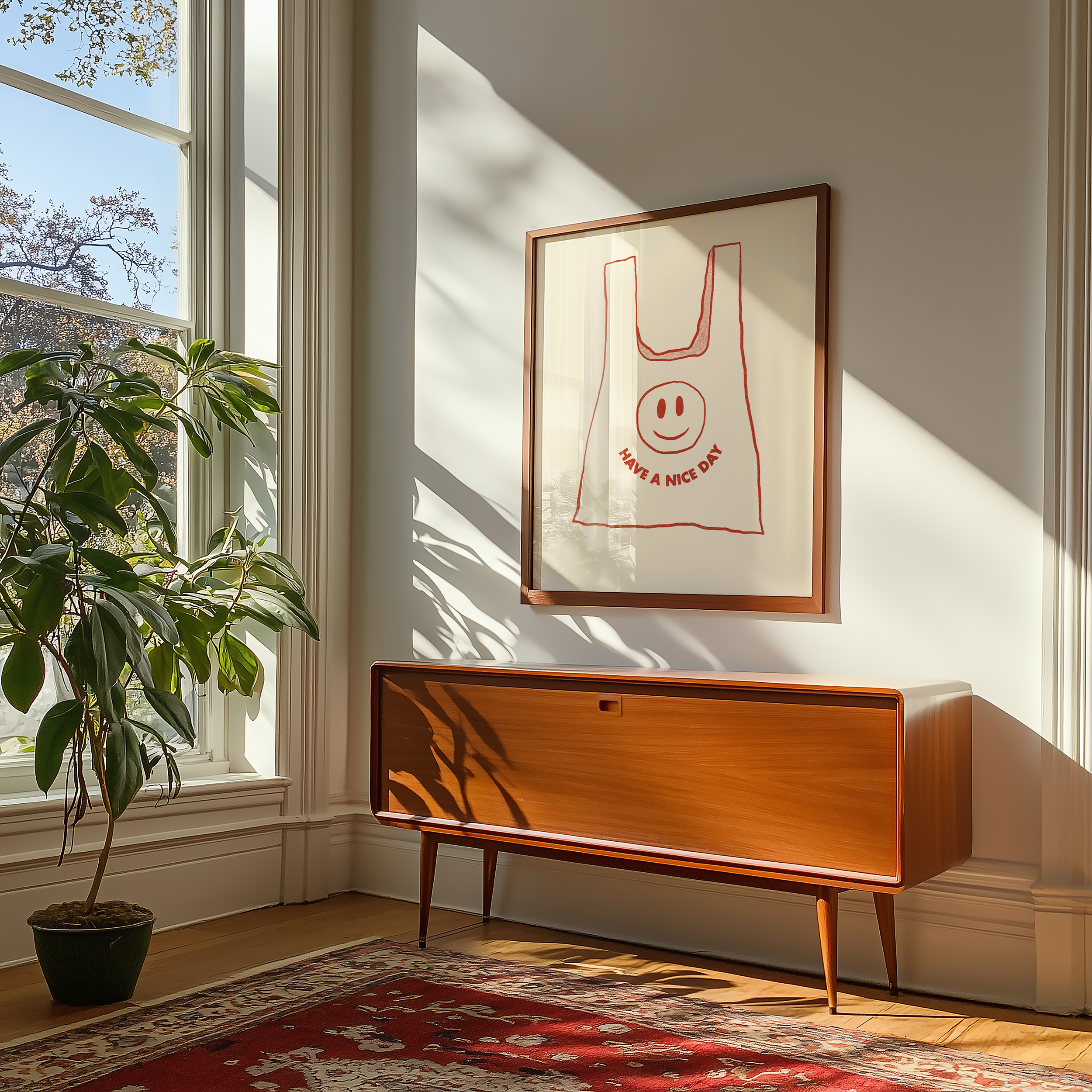 Bold dopamine decor print poster illustration of plastic bag that says have a nice day with a smiling face. Retro style decor. midcentury modern. red and cream.