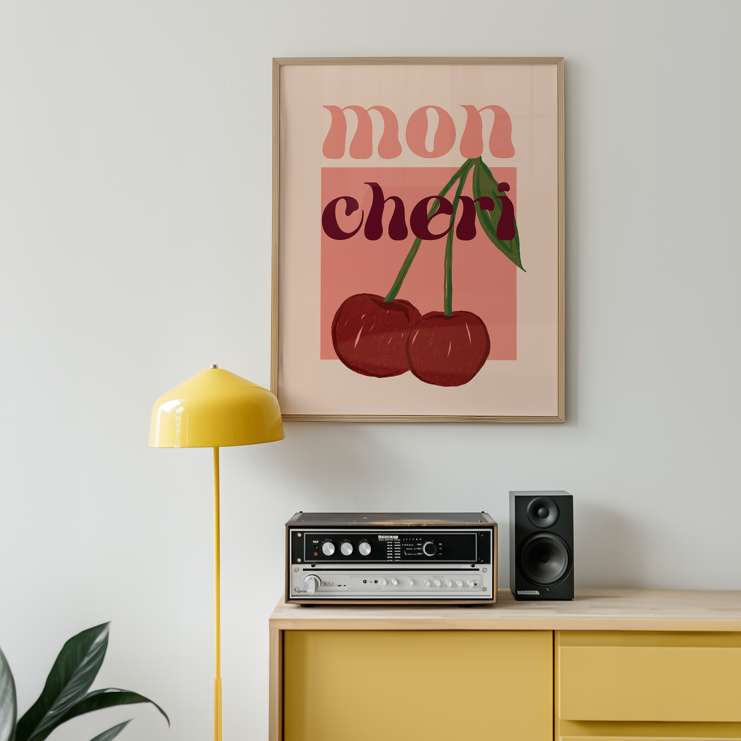 Bold dopamine decor print poster illustration of cherries that says "mon cheri". Feminine decor style. retro feel.