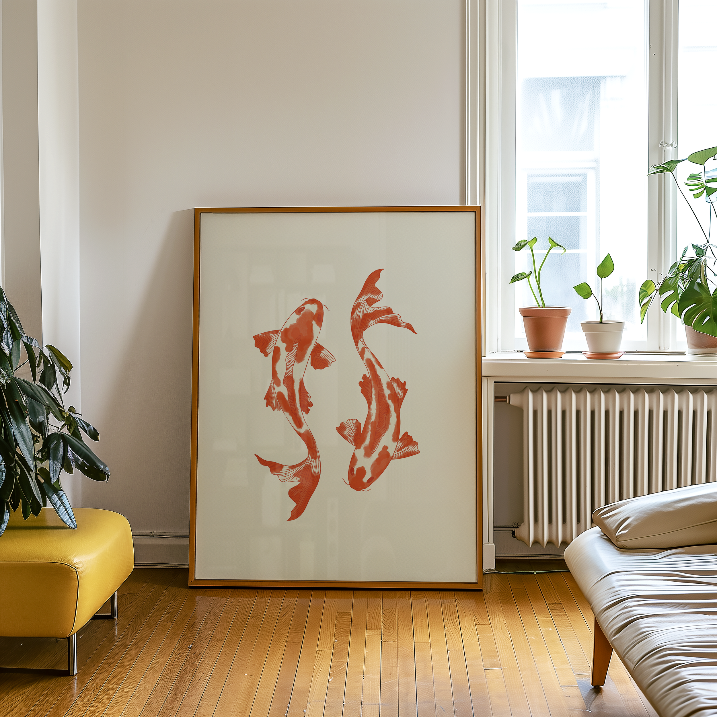 Bold dopamine decor print poster illustration of two koi fish. Retro style decor. japandi style. orange and cream