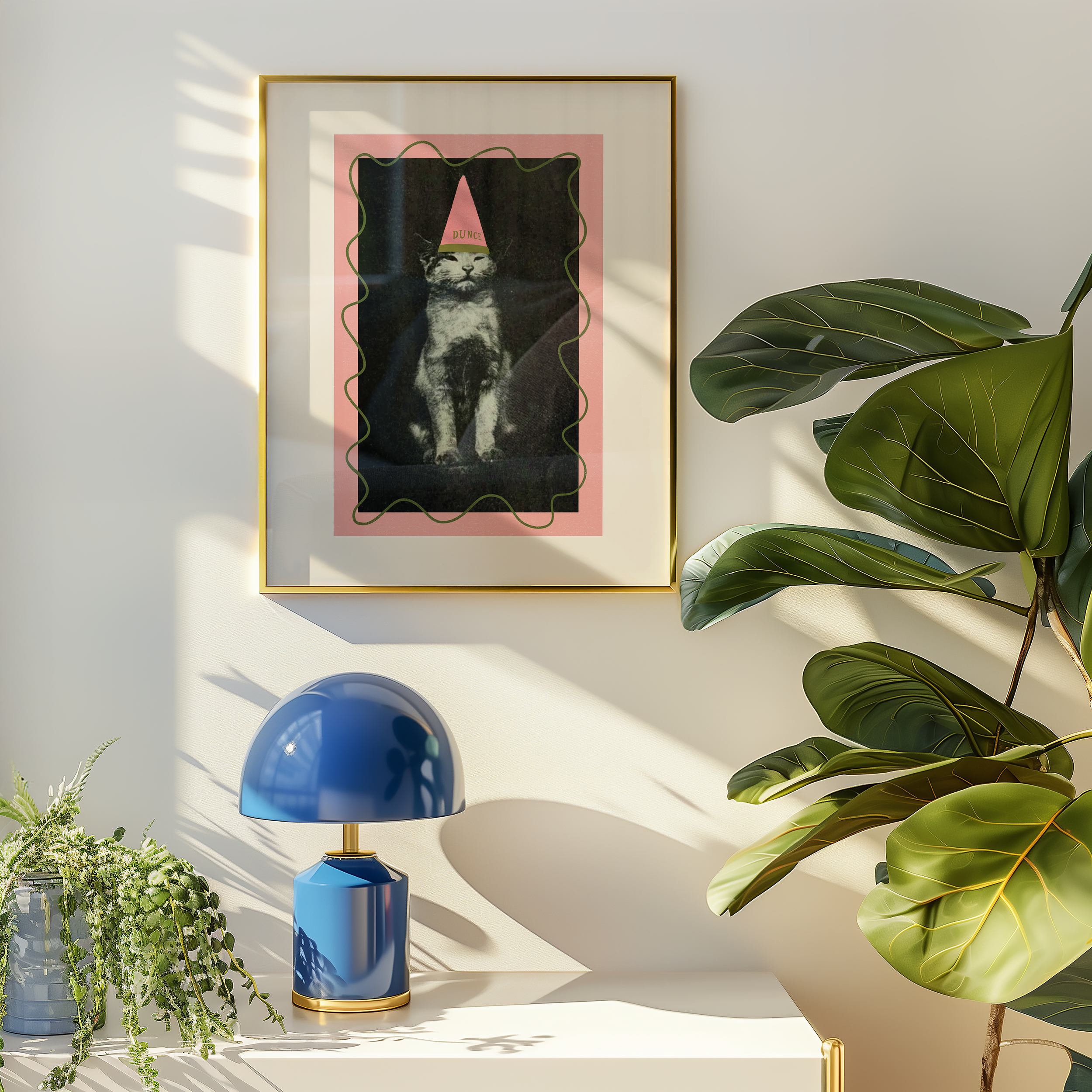 Dopamine decor poster print. Victorian photography pf cat wearing a dunce cat, enhances with modern colour elemants of pink and green