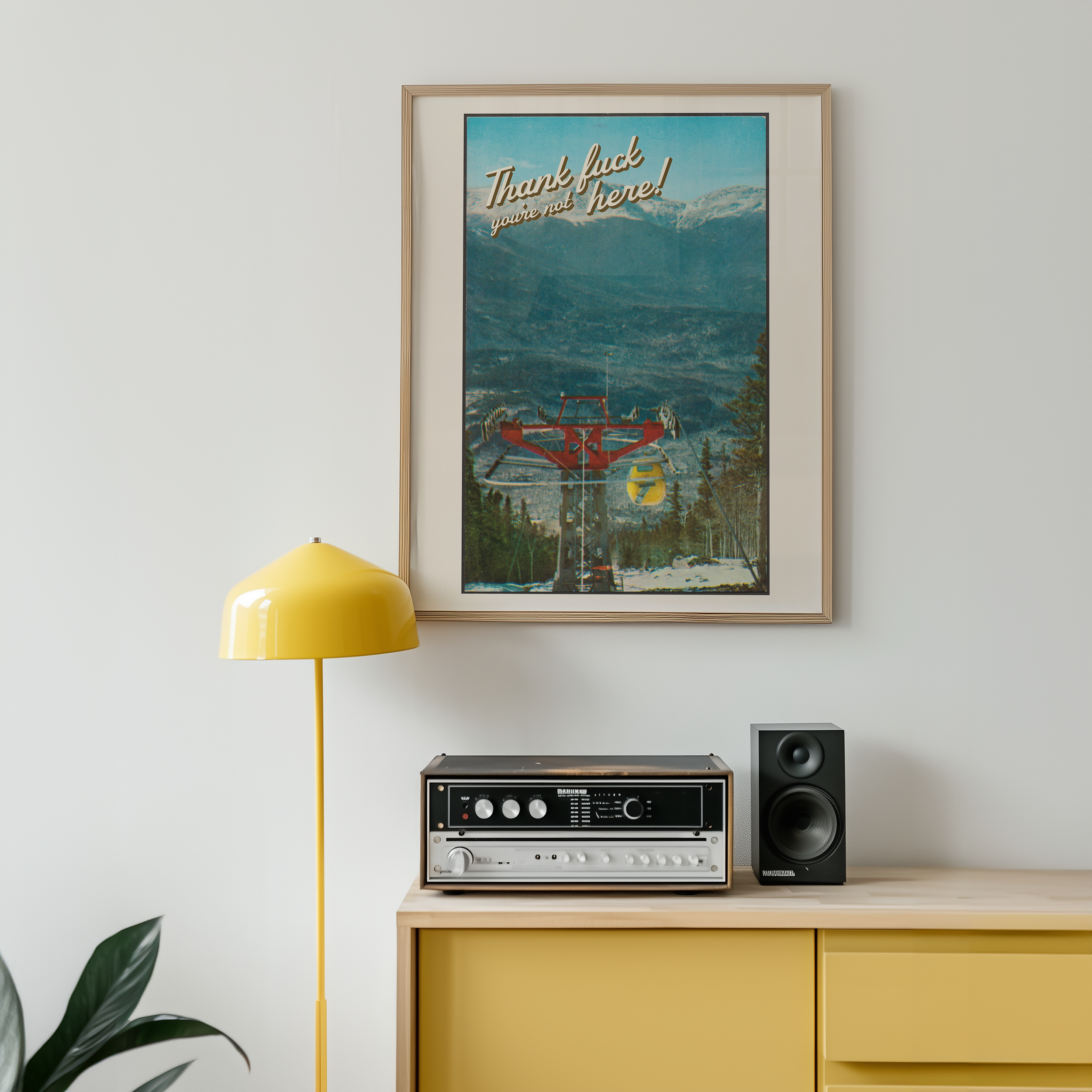 Bold dopamine decor print poster of a vintage postcard that says "thank fuck you're not here!" in retro font. Funny poster. Ironic poster print. Vintage style. Vintage travel poster.