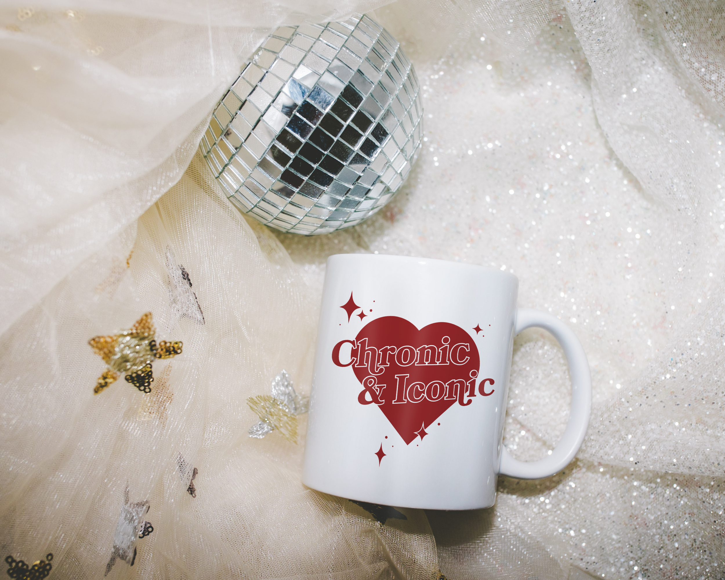 Sassy dopamine decor White coffee mug that says "chronic & iconic" in a retro vintage style heart that's red with a retro font.. Available in 11oz and 15oz