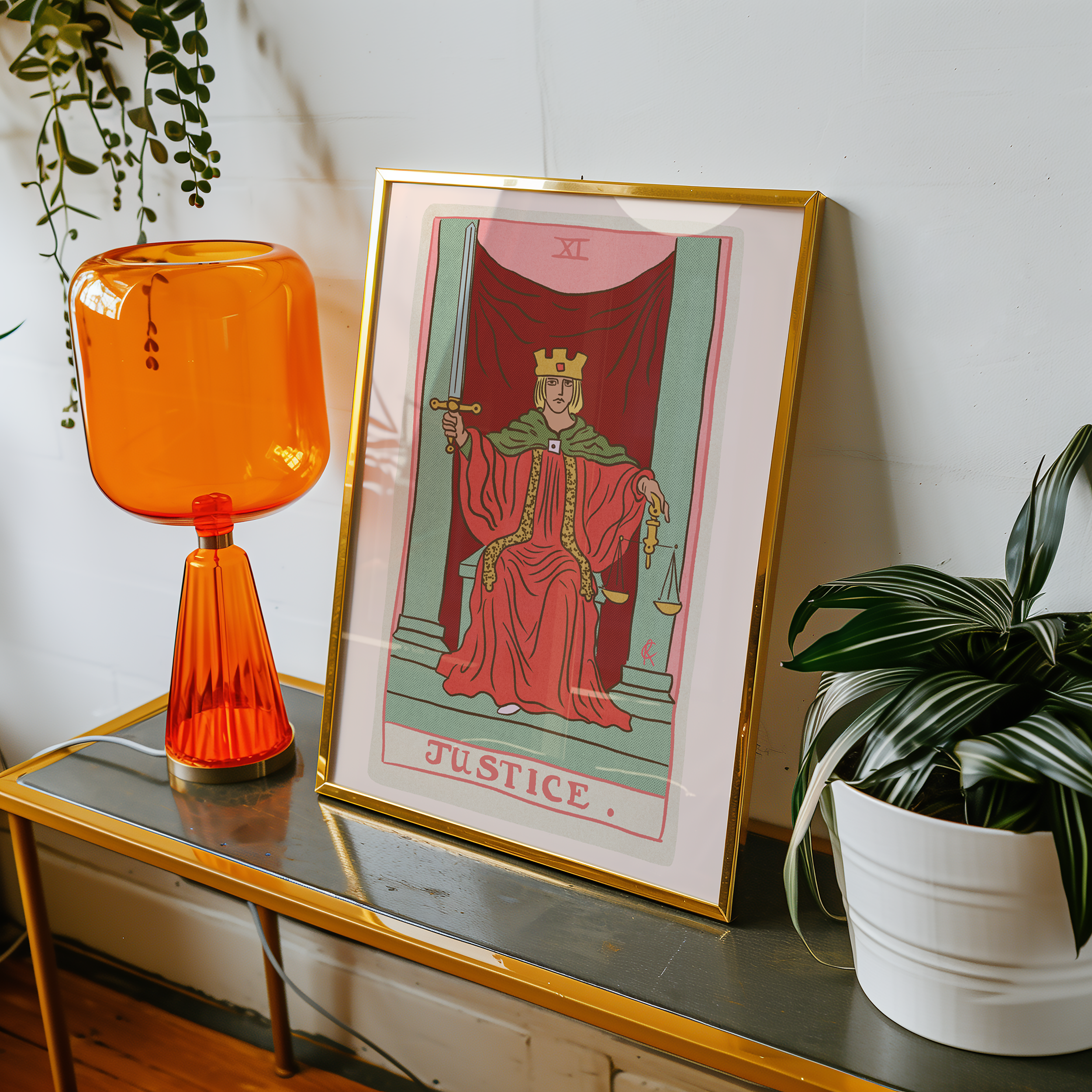 Justice tarot card print, feminine pink witchy spiritual decor poster print.