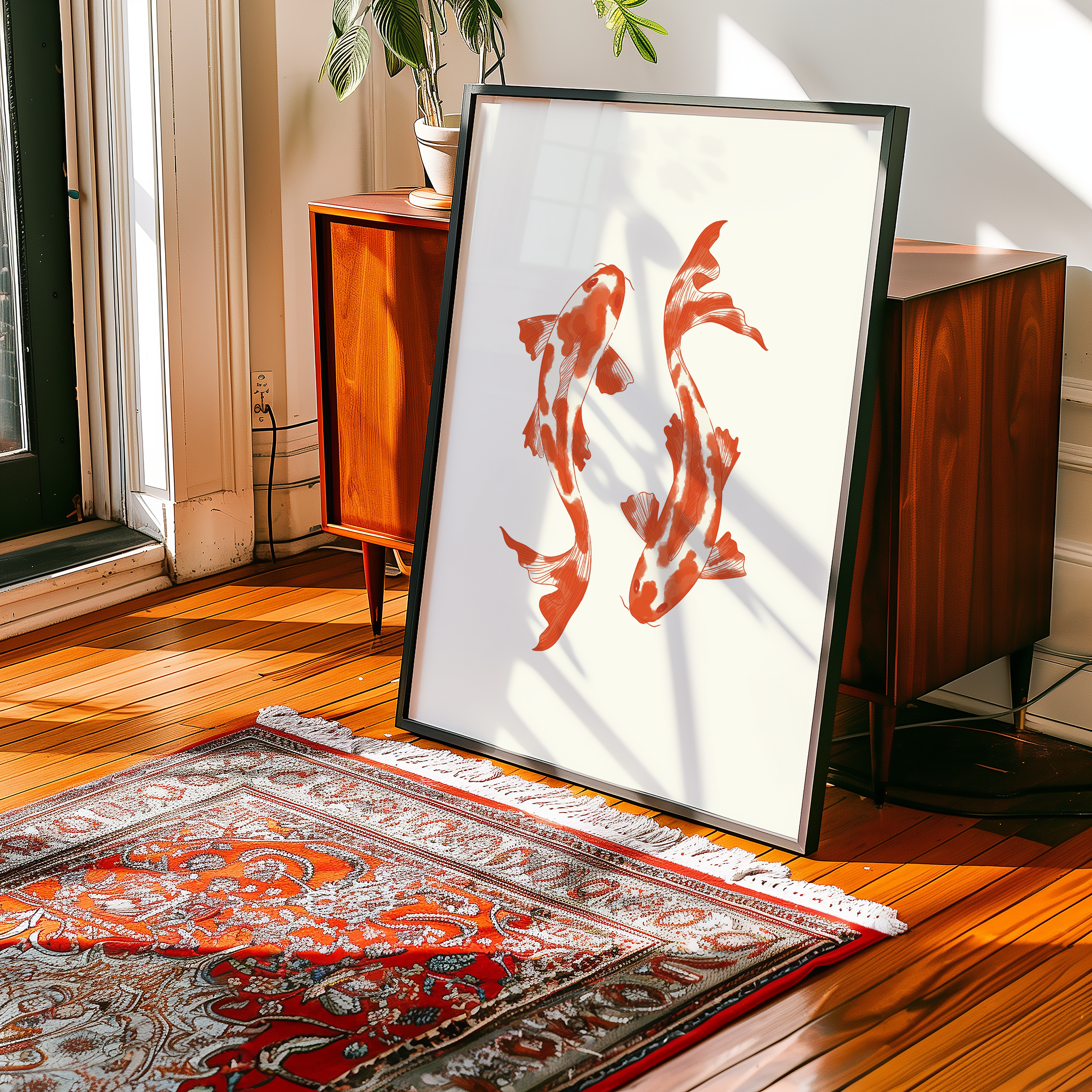 Bold dopamine decor print poster illustration of two koi fish. Retro style decor. japandi style. orange and cream