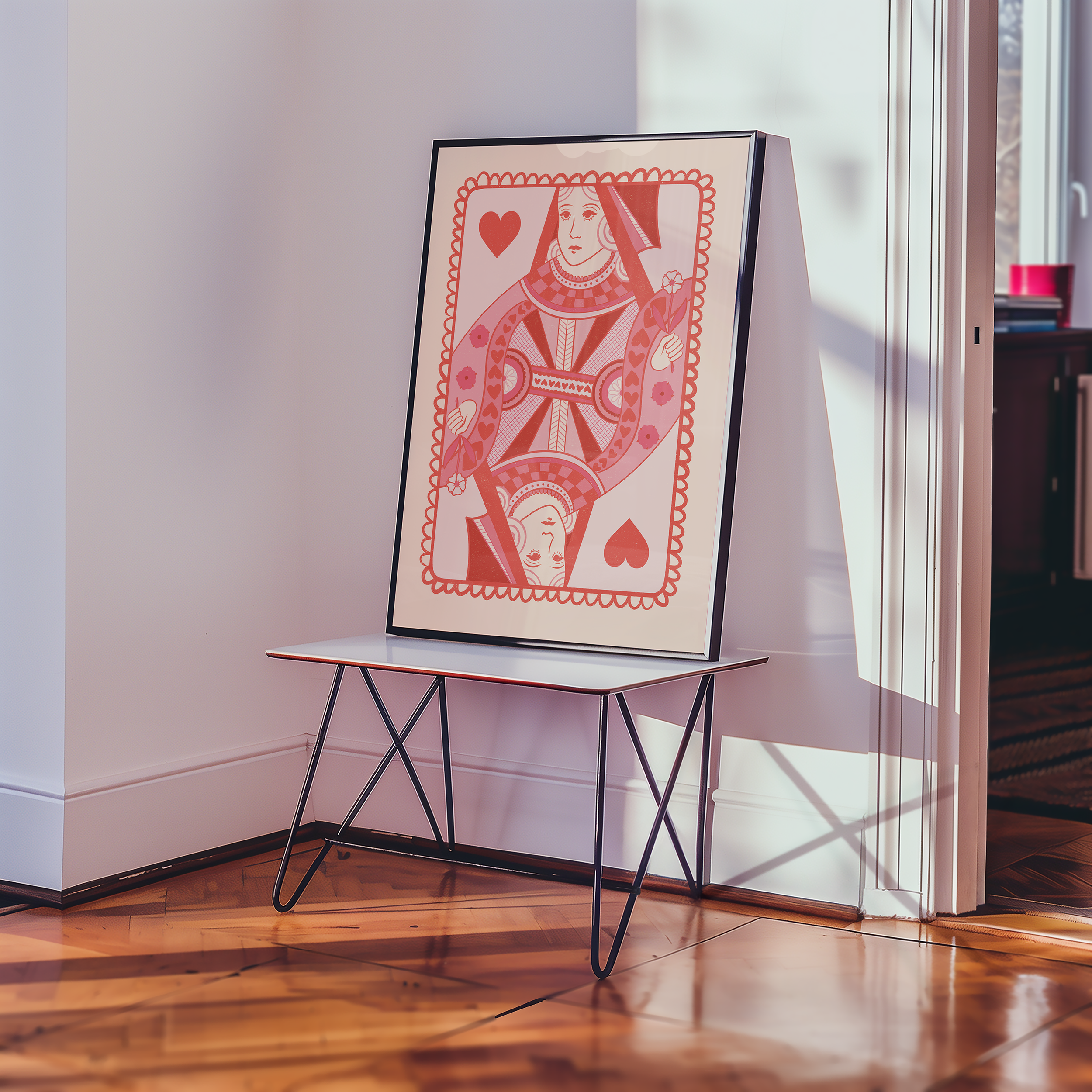 Bold dopamine decor print poster illustarion of queen of hearts card in pink. Feminine decor style. retro feel.