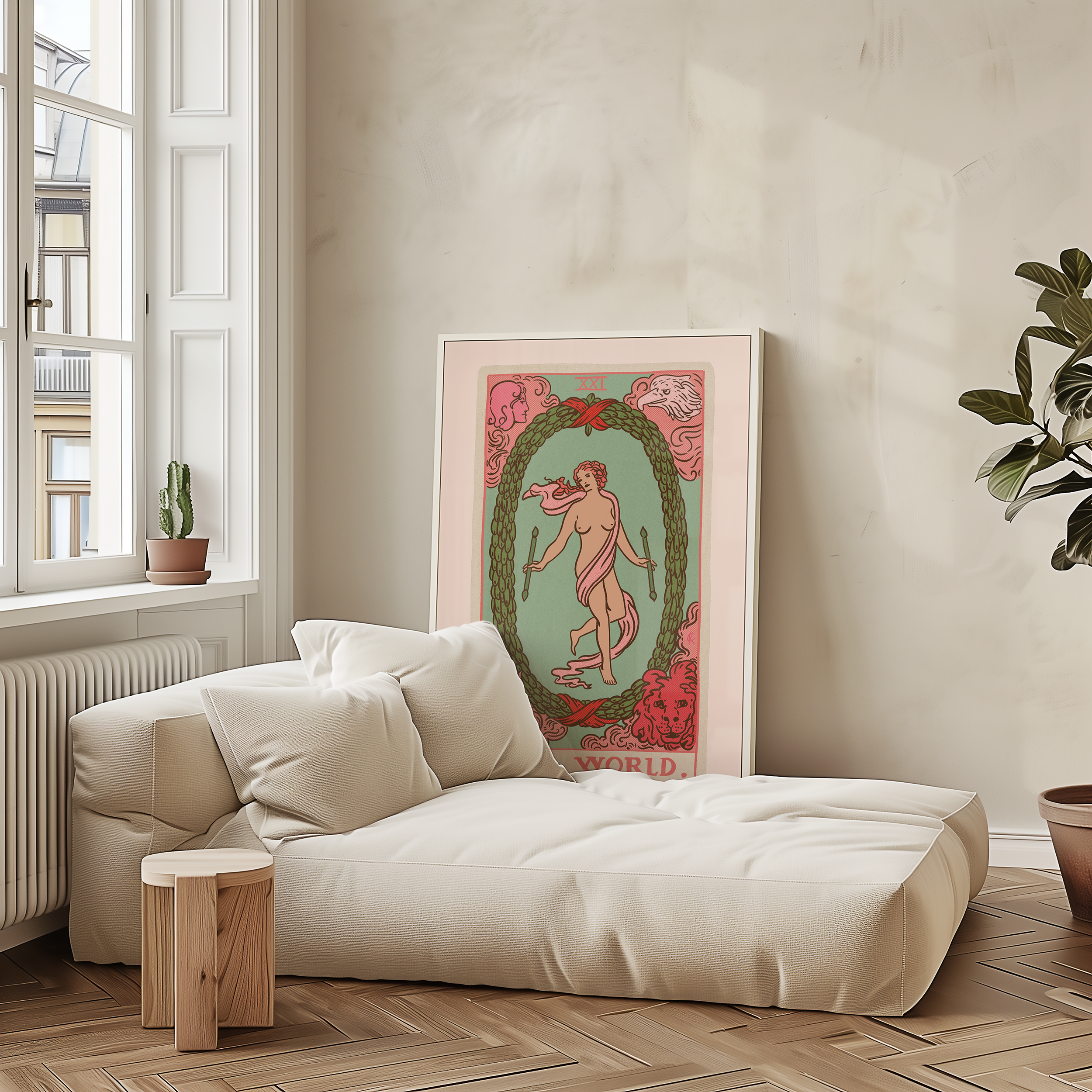 The World tarot card print, feminine pink witchy spiritual decor poster print.