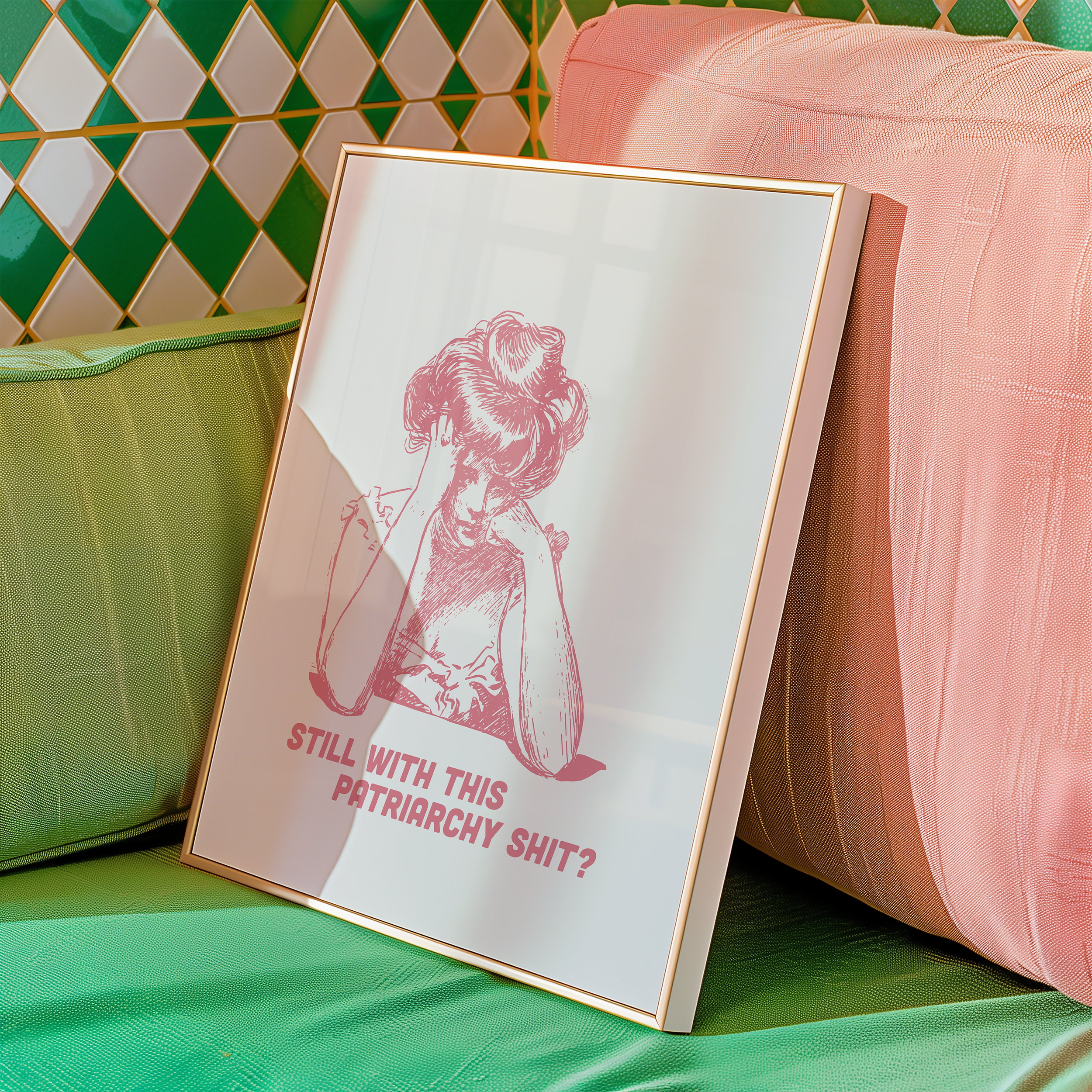 Pink and White print of a bored looking Edwardian woman that says "Still with this Patriarchy shit?" Funny feminist print. Witty sassy dopamine decor poster.
