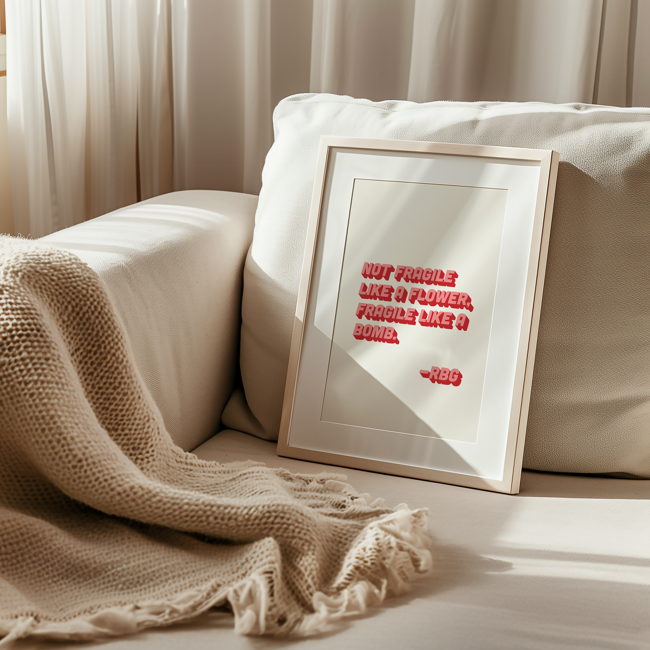 bold dopamine decor ruth bader ginsburg quote print poster "Not Fragile Like a Flower, Fragile Like a Bomb." Feminist print poster. Retro two tone font in pink and red