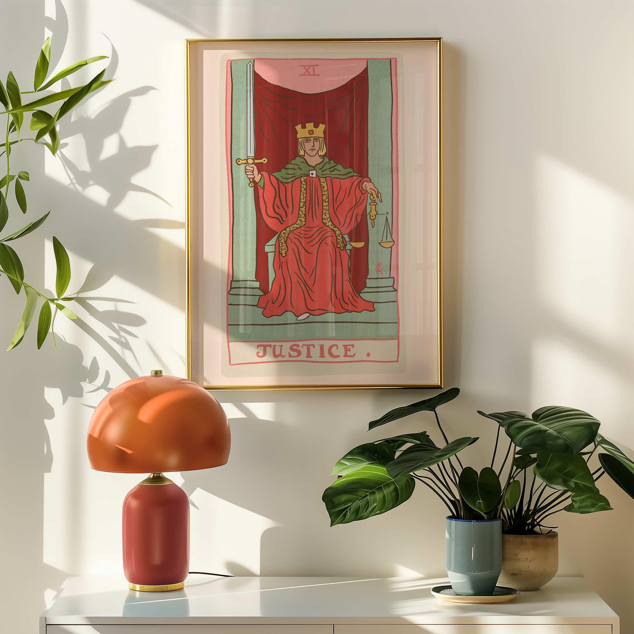 Justice tarot card print, feminine pink witchy spiritual decor poster print.