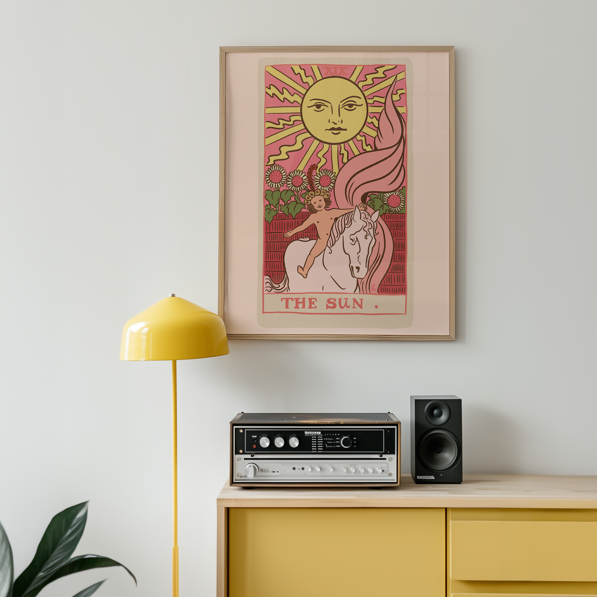 The Sun tarot card print, feminine pink witchy spiritual decor poster print.