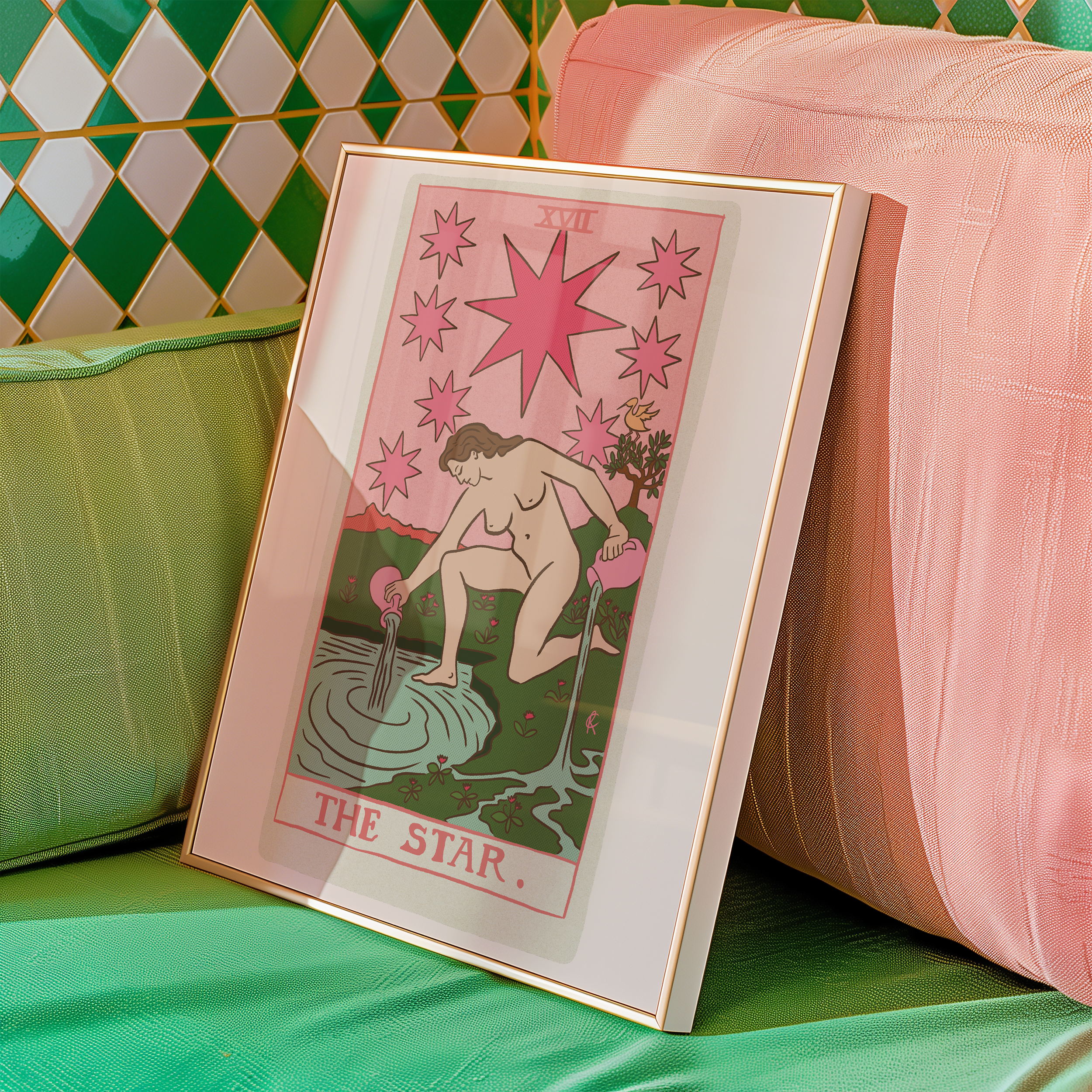 The Star tarot card print, feminine pink witchy decor poster print.