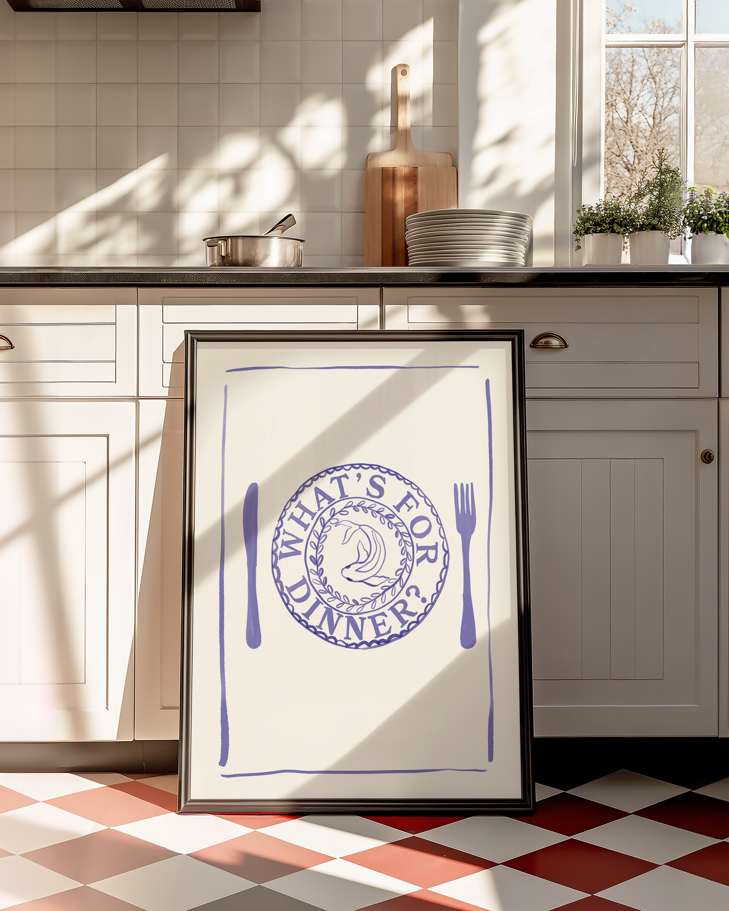 Bold dopamine decor print poster of a dinner place and knife and fork with the phrase "Whats's for dinner?" in watercolour style. kitchen poster. Blue and cream. Food poster print