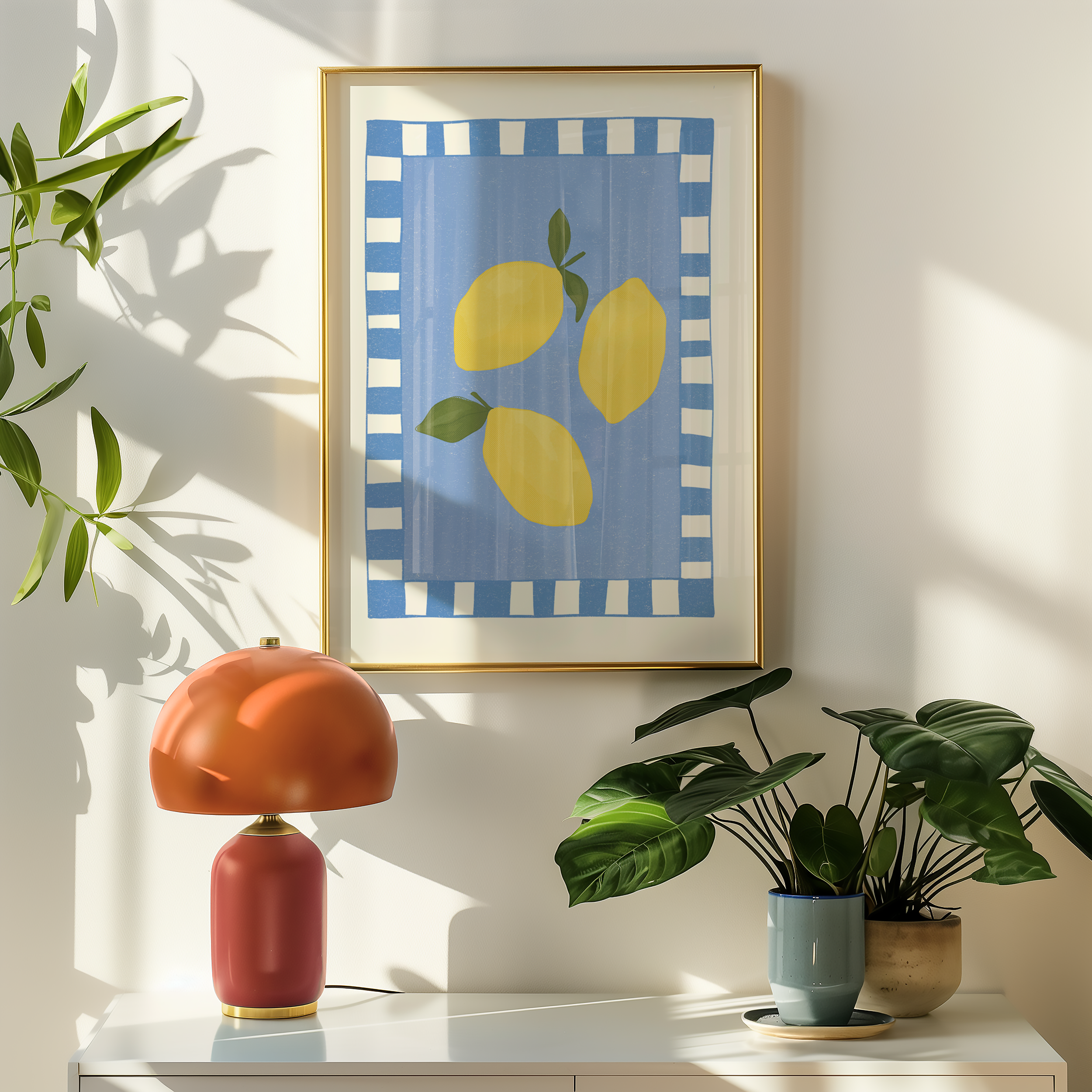 Bold dopamine decor print poster of lemons. kitchen poster. Yellow and blue. Mediterranean feel