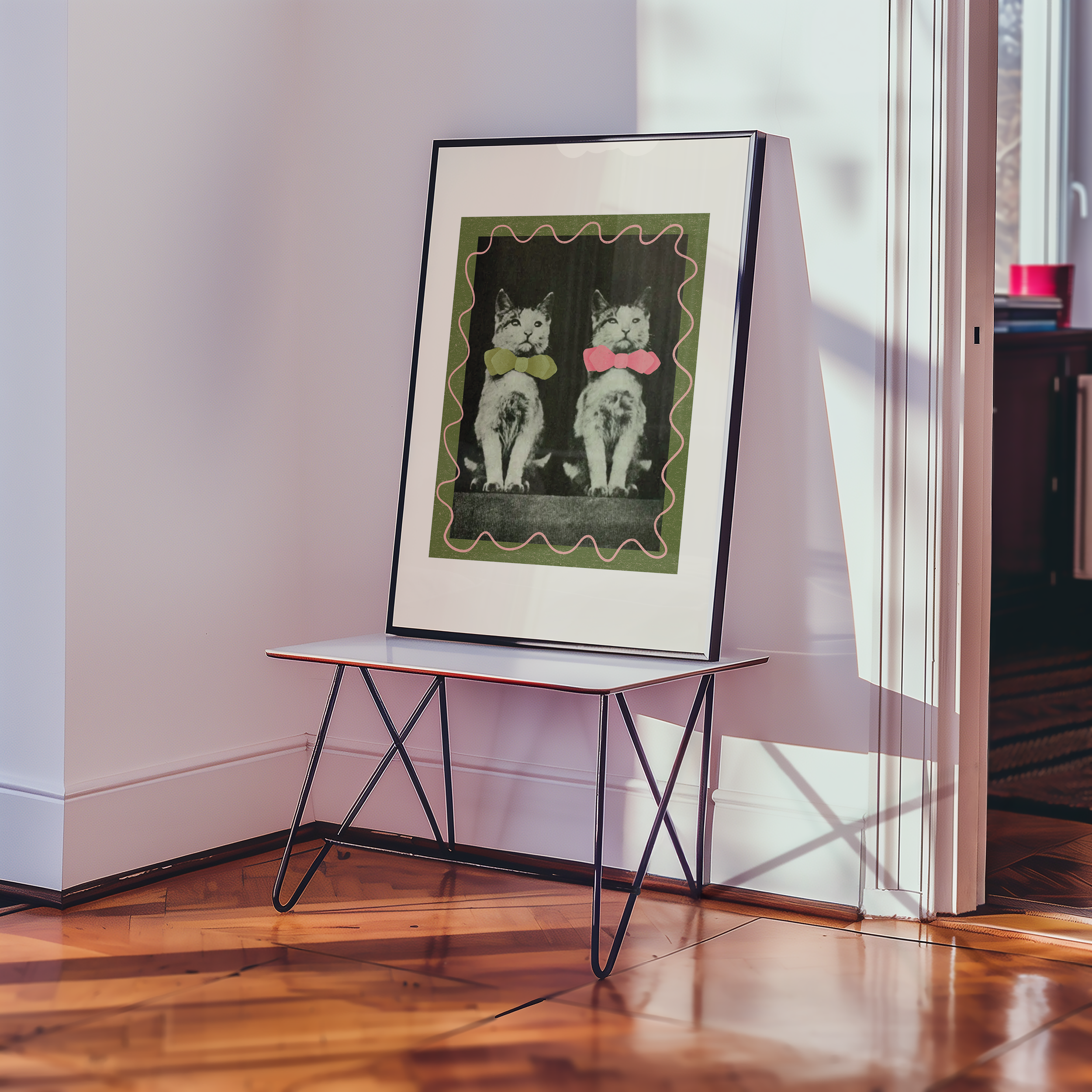 Dopamine decor poster print. Victorian photography of two kittens in bow ties, enhances with modern colour elements of pink and green