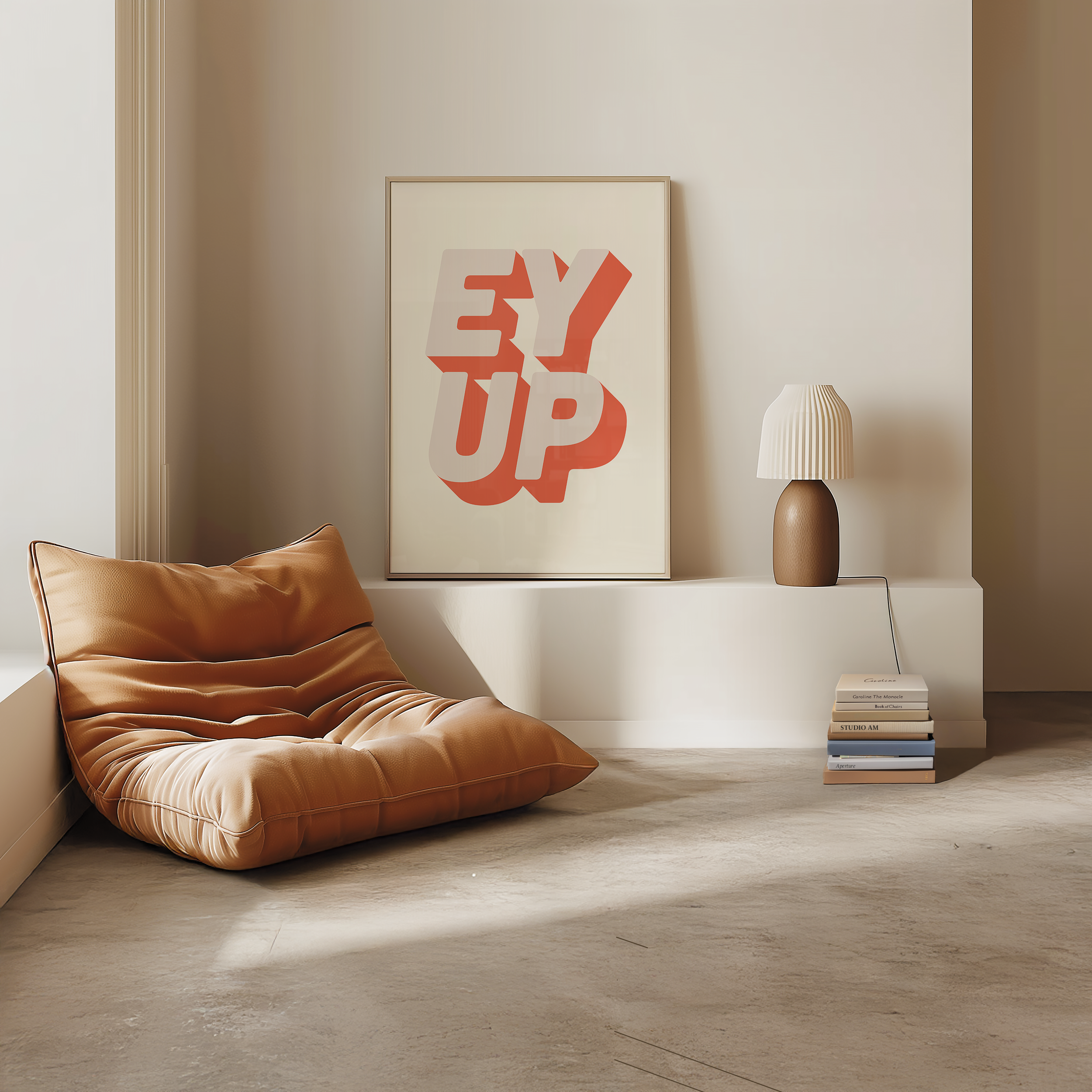 Bold quote print poster decor "Ey up". British quote. Yorkshire quote. Dopamine decor. Retro two tone font cream and pink