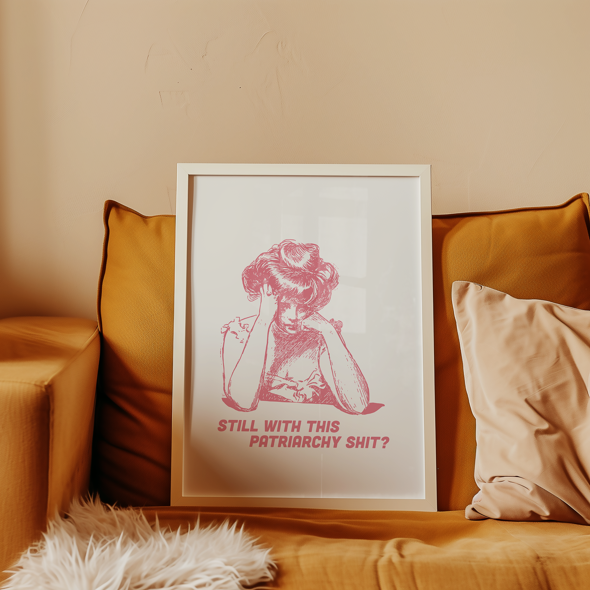 Pink and White print of a bored looking Edwardian woman that says "Still with this Patriarchy shit?" Funny feminist print. Witty sassy dopamine decor poster.