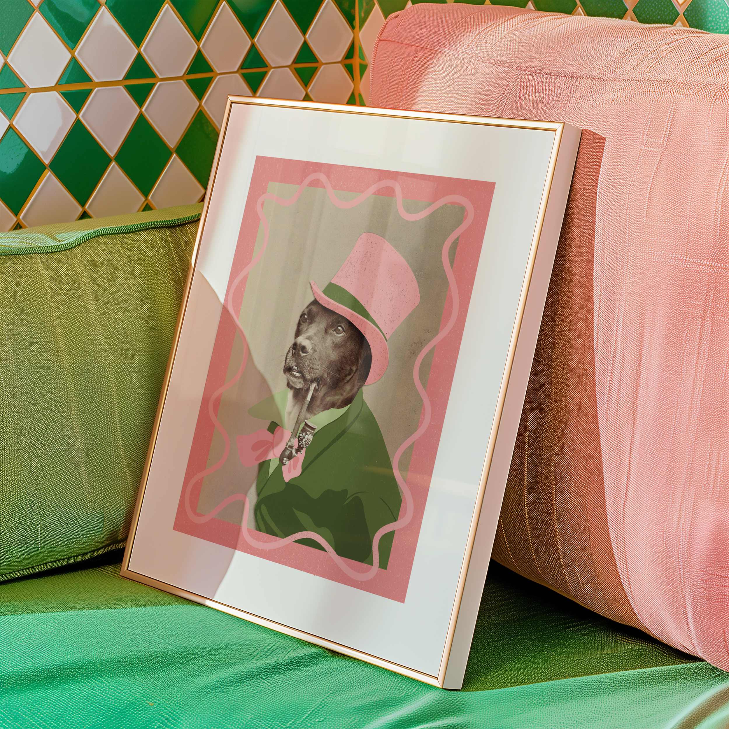 Dopamine decor poster print. Victorian photography of a dog in a top hat, enhances with modern colour elements of pink and green