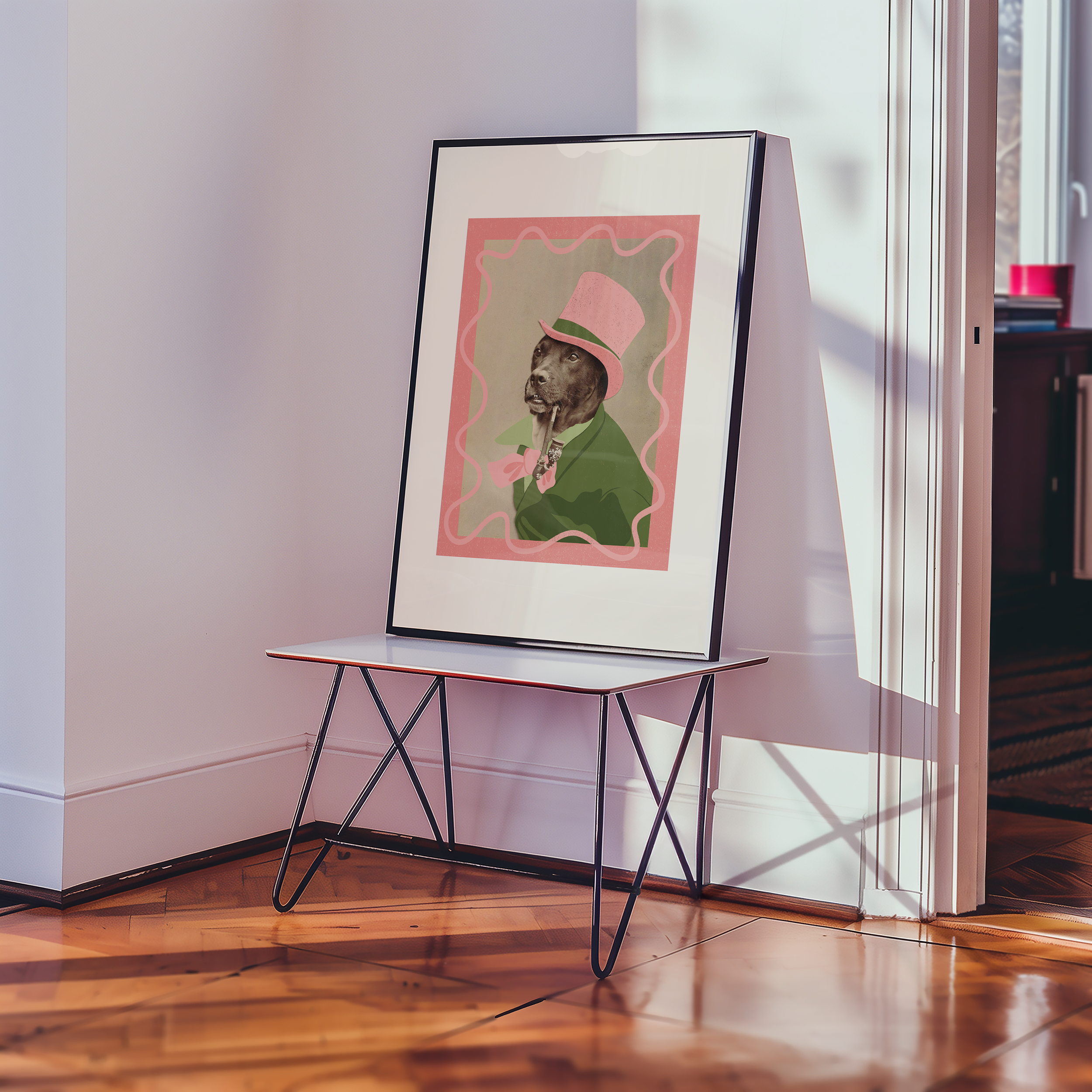Dopamine decor poster print. Victorian photography of a dog in a top hat, enhances with modern colour elements of pink and green