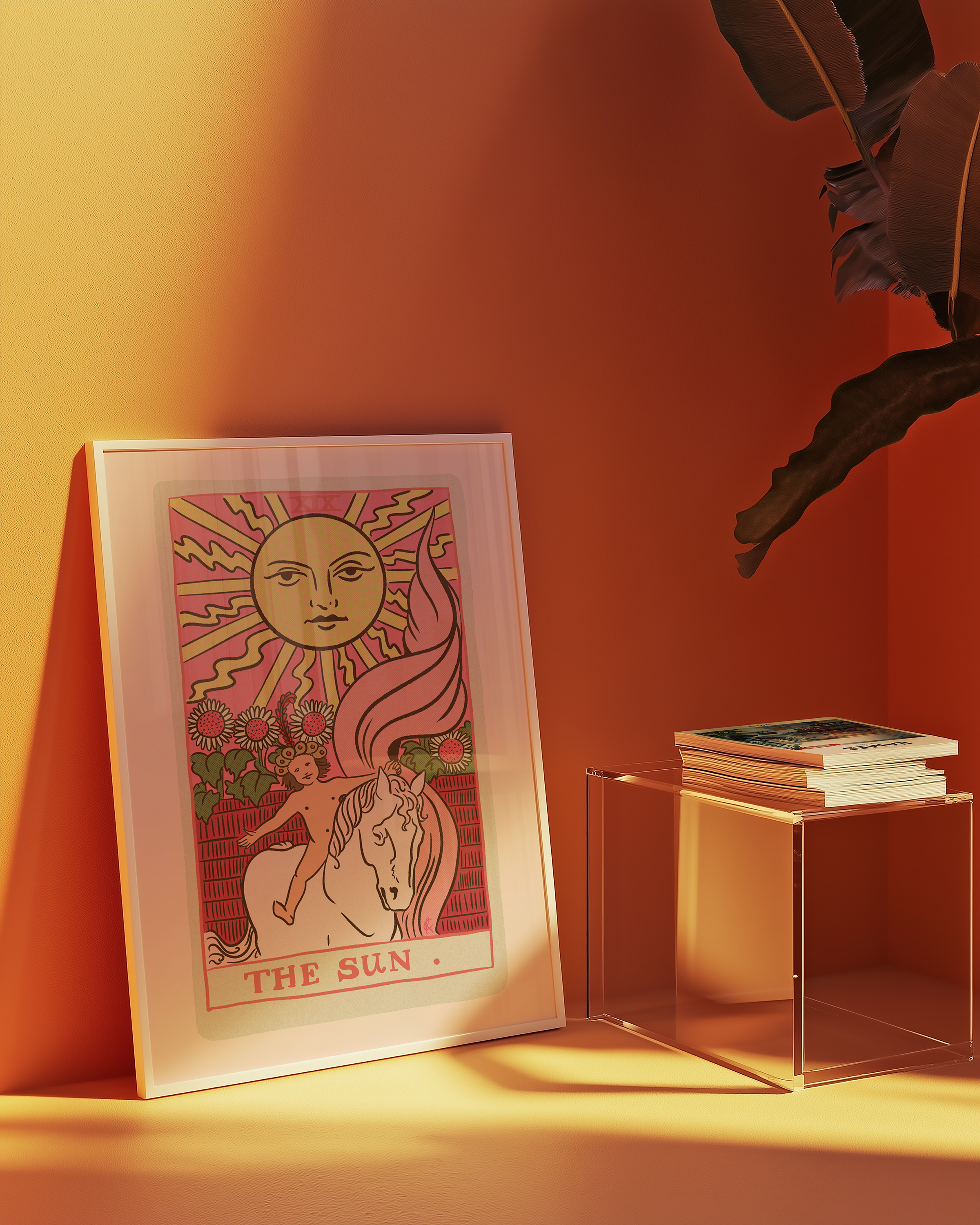 The Sun tarot card print, feminine pink witchy spiritual decor poster print.