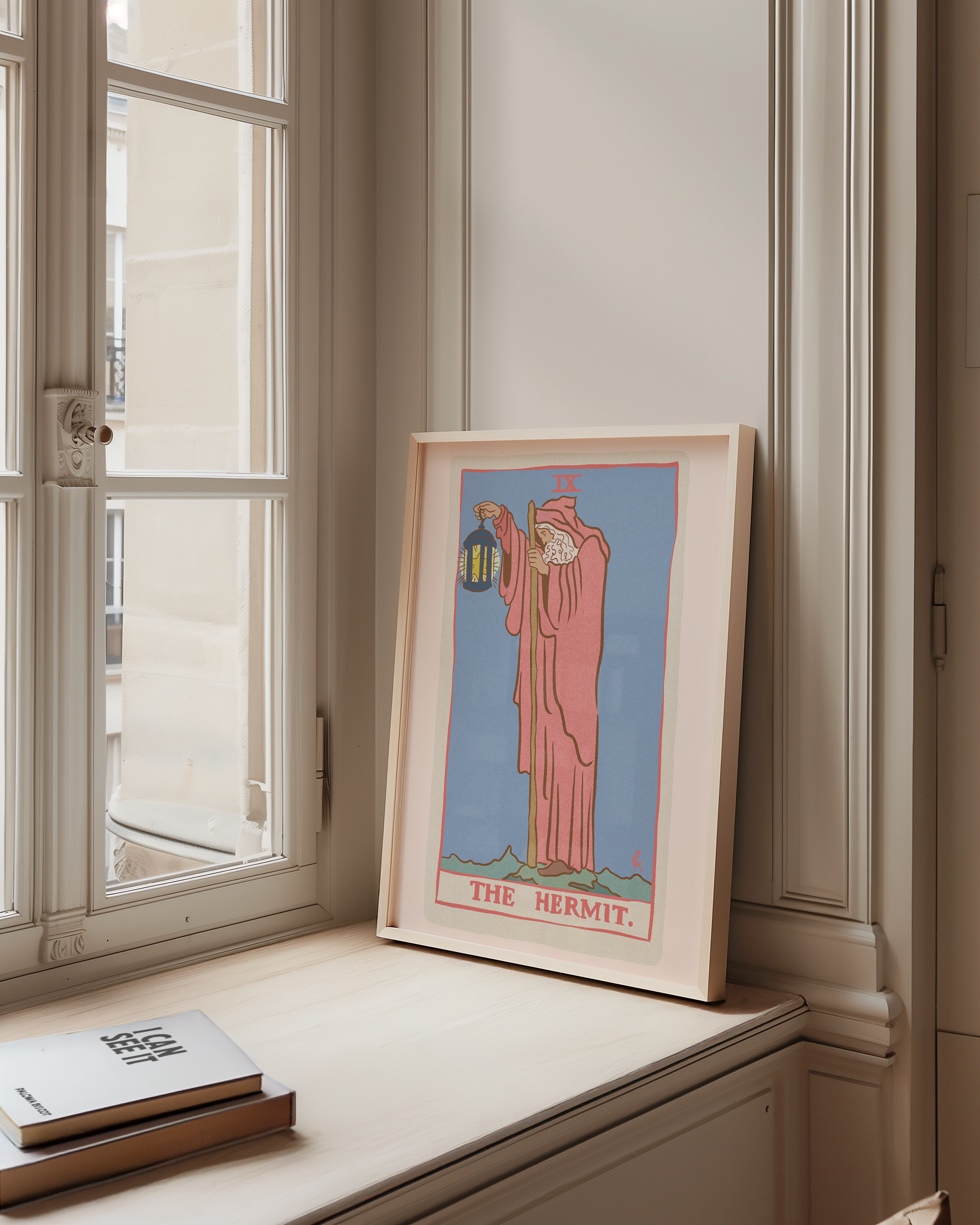 The Hermit tarot card print, feminine pink witchy spiritual decor poster print.