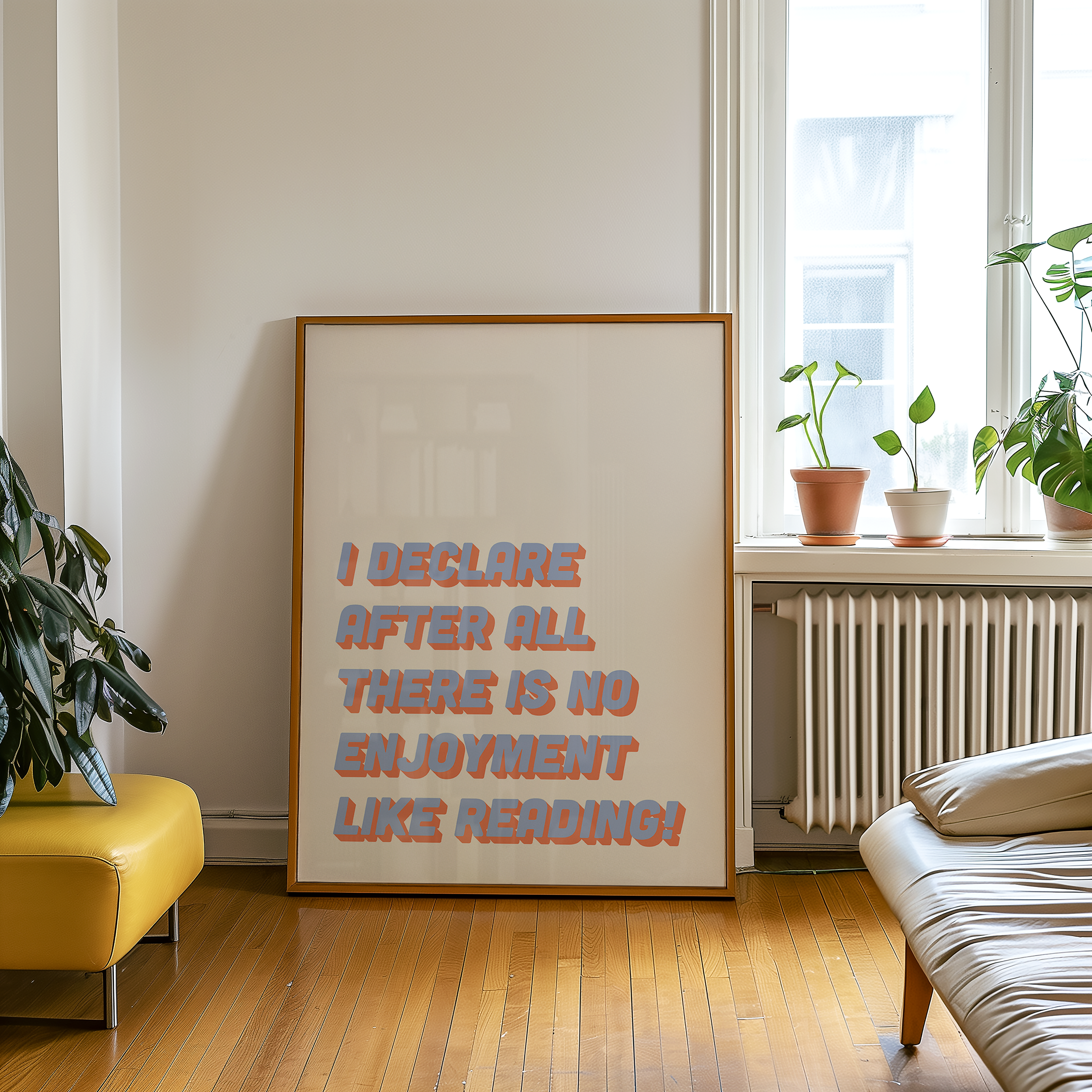 Bold Dopamine decor print poster jane eyre quote “I declare after all there is no enjoyment like reading.” in two tone retro font blue and red