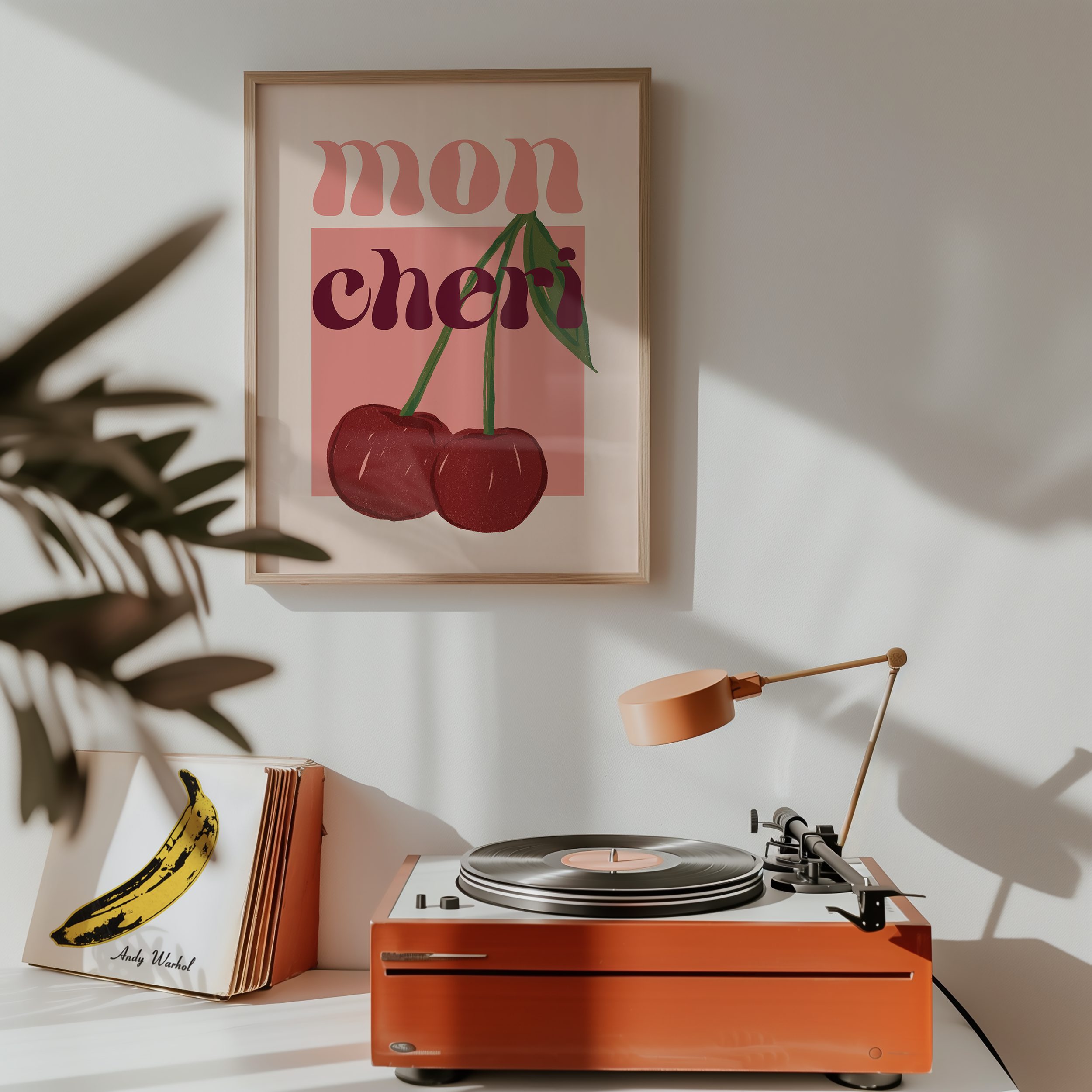 Bold dopamine decor print poster illustration of cherries that says "mon cheri". Feminine decor style. retro feel.
