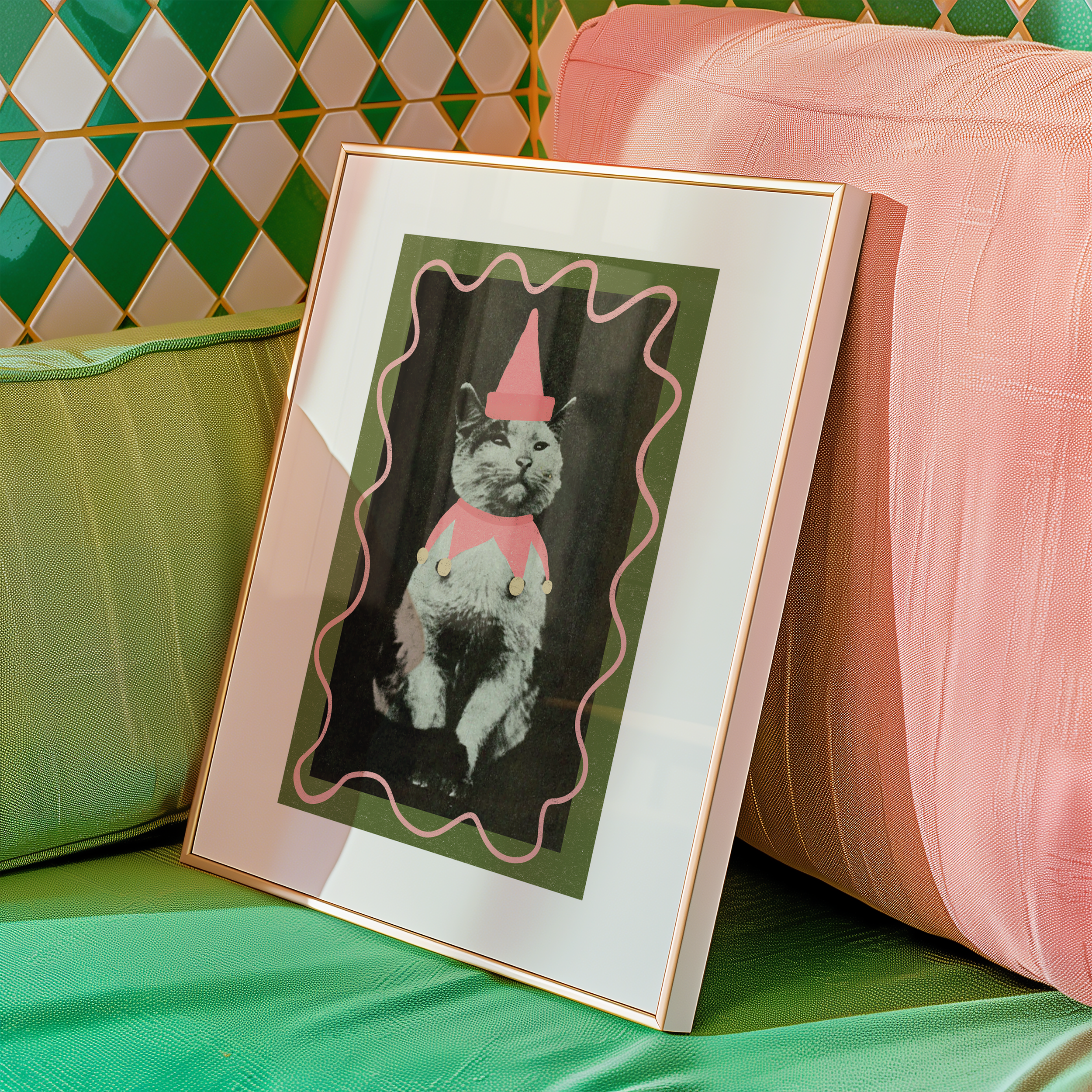 Dopamine decor poster print. Victorian photography pf cat wearing a jester costume, enhances with modern colour elements of pink and green