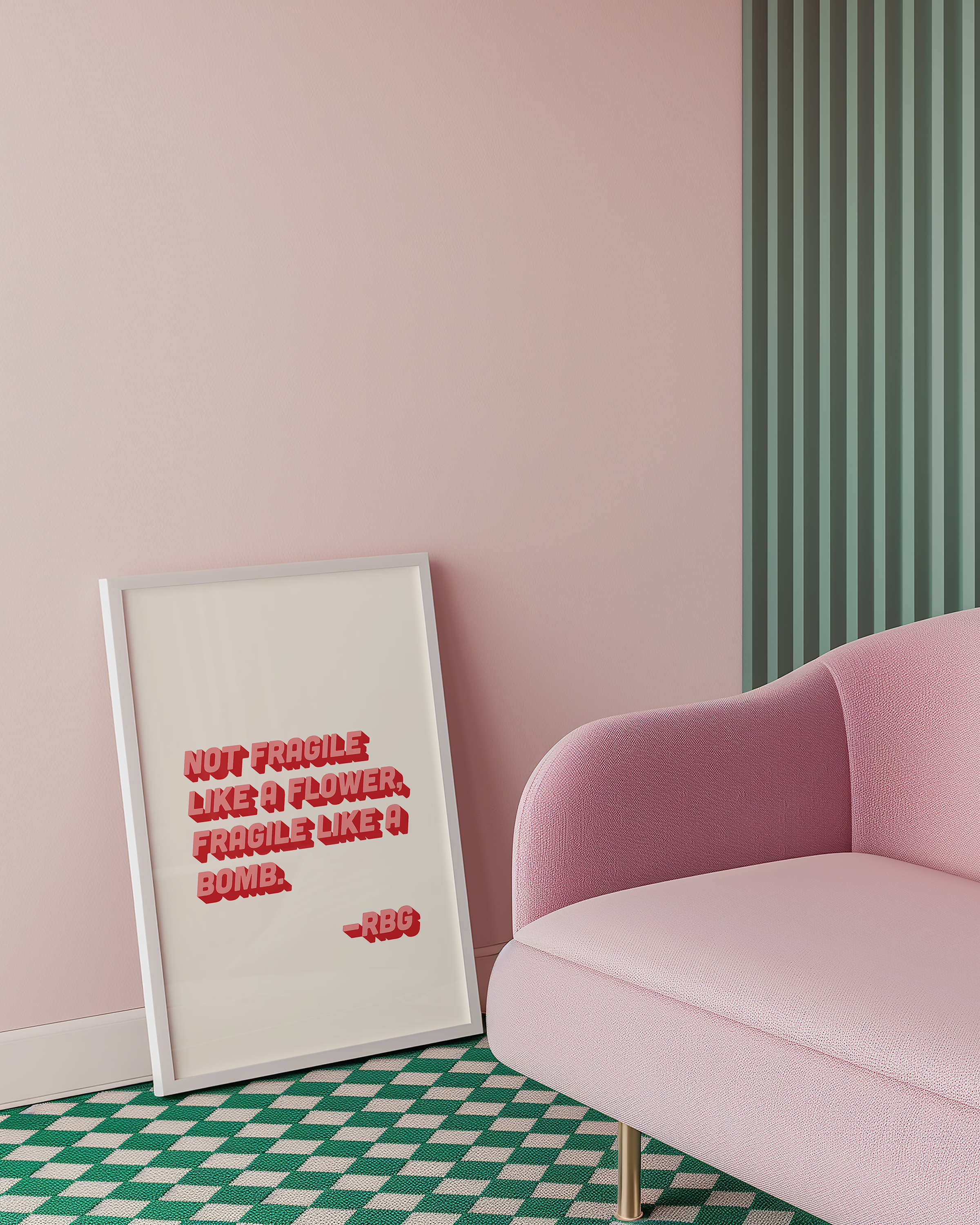 bold dopamine decor ruth bader ginsburg quote print poster "Not Fragile Like a Flower, Fragile Like a Bomb." Feminist print poster. Retro two tone font in pink and red