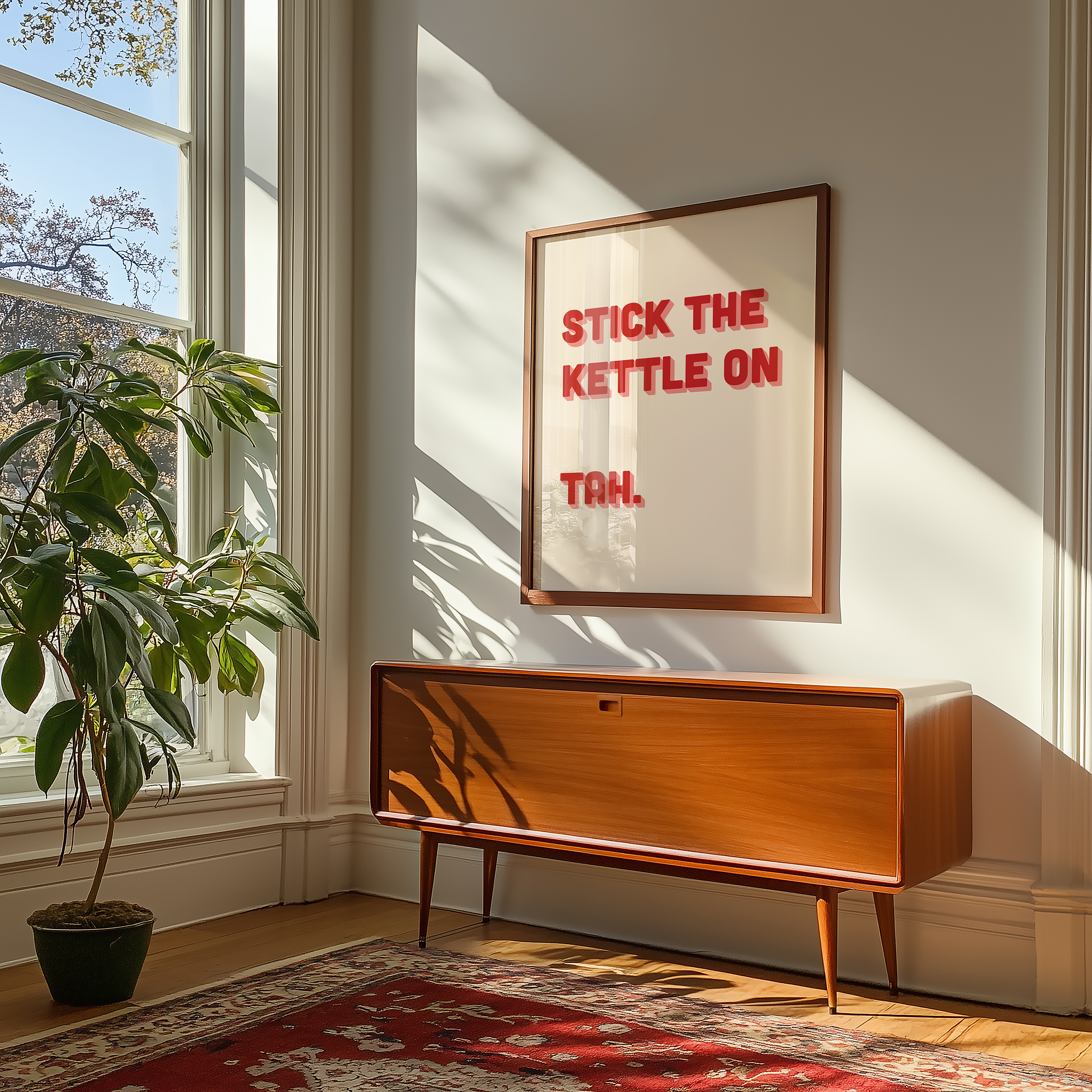 Funny quote print poster that says "Stick the Kettle On Tah" in two tone retro red and pink font. British humour poster
