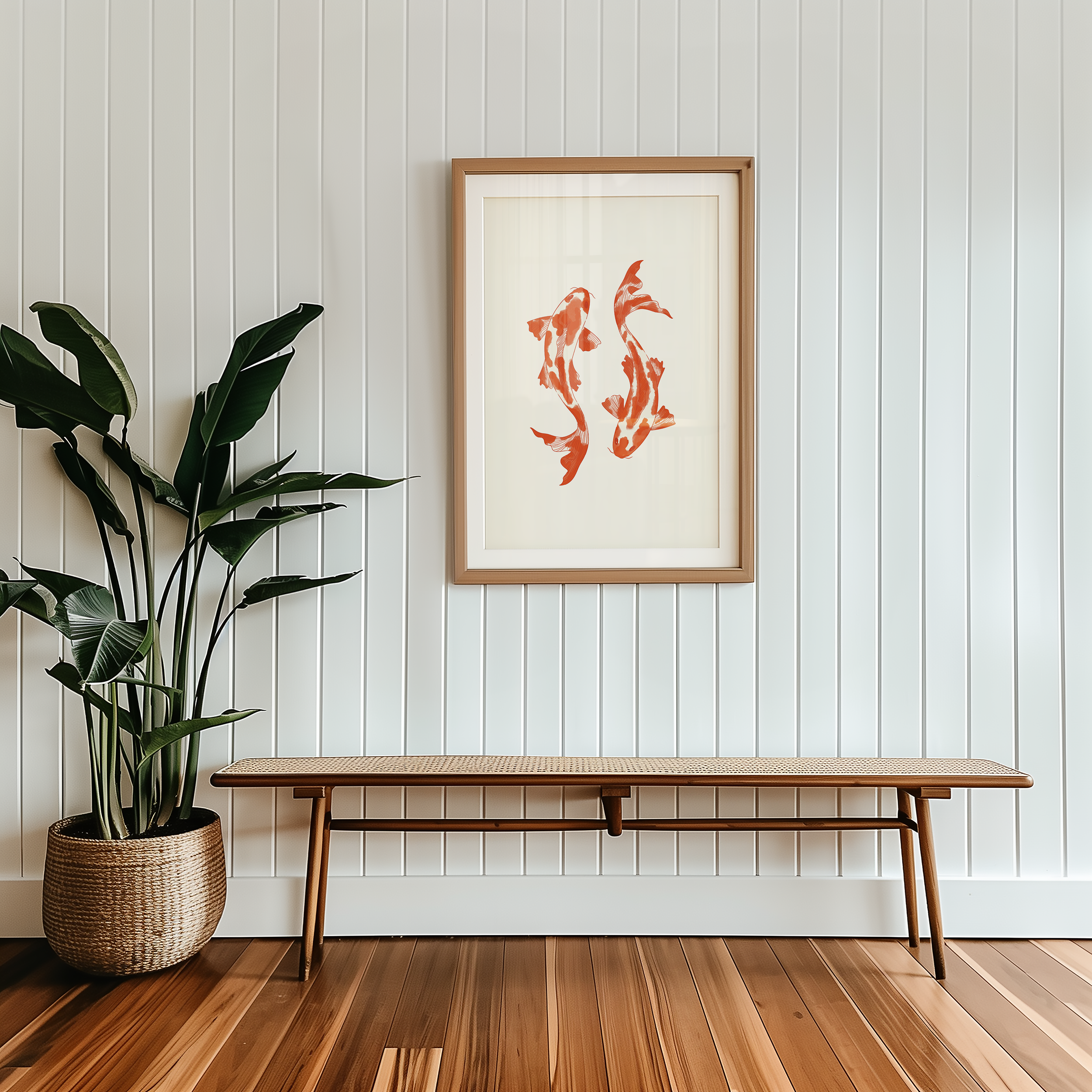 Bold dopamine decor print poster illustration of two koi fish. Retro style decor. japandi style. orange and cream