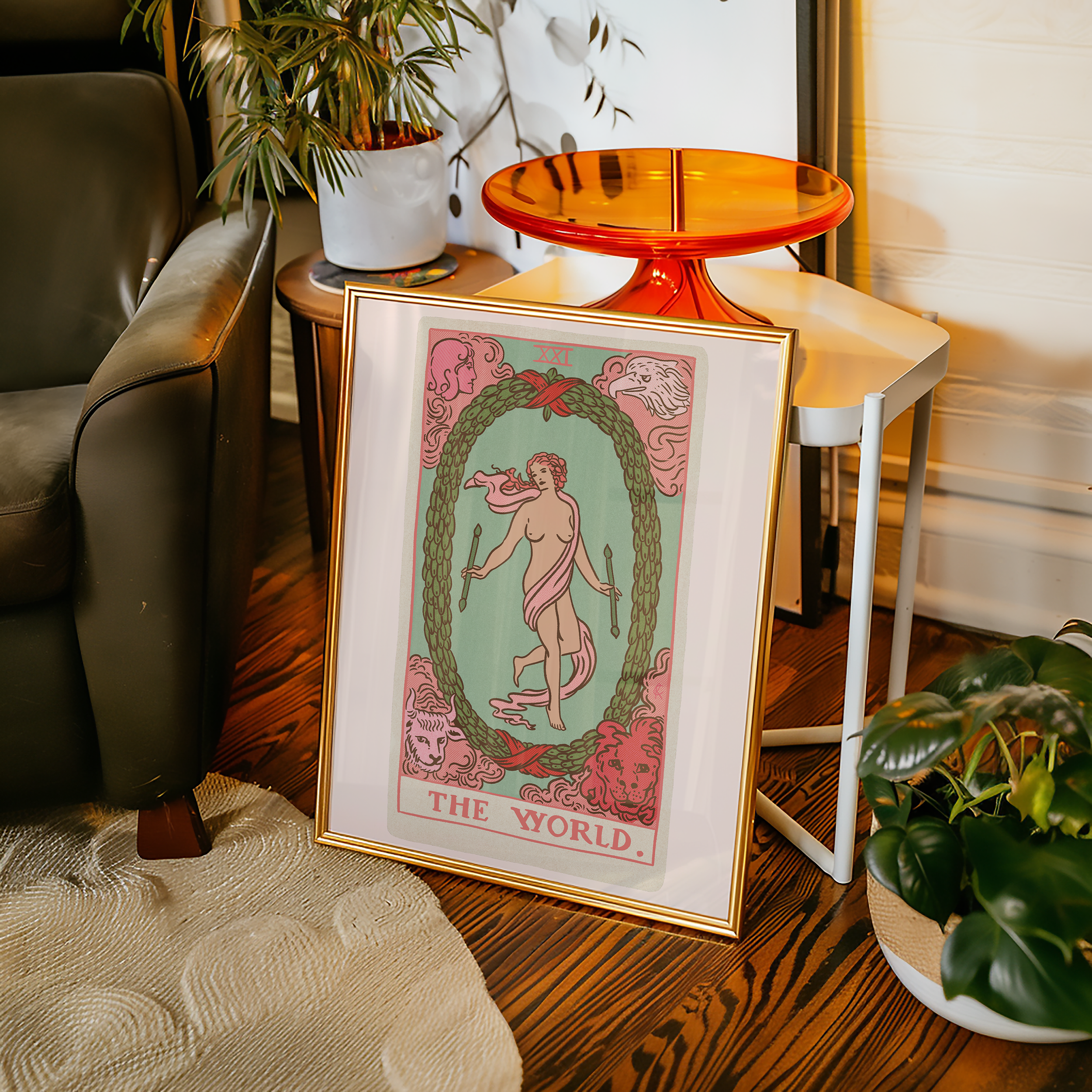 The World tarot card print, feminine pink witchy spiritual decor poster print.