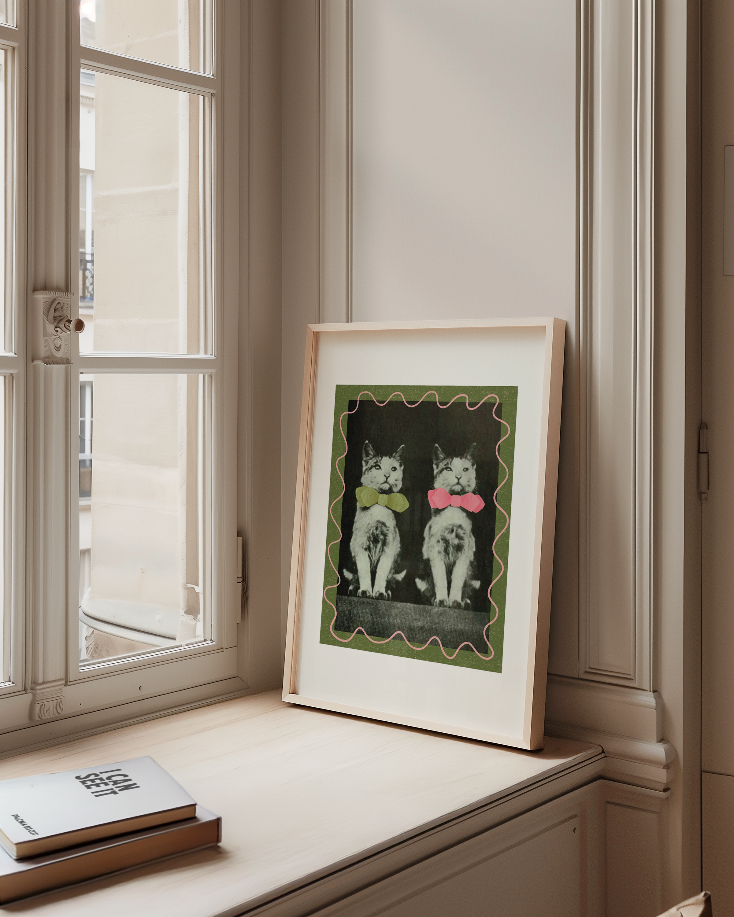 Dopamine decor poster print. Victorian photography of two kittens in bow ties, enhances with modern colour elements of pink and green