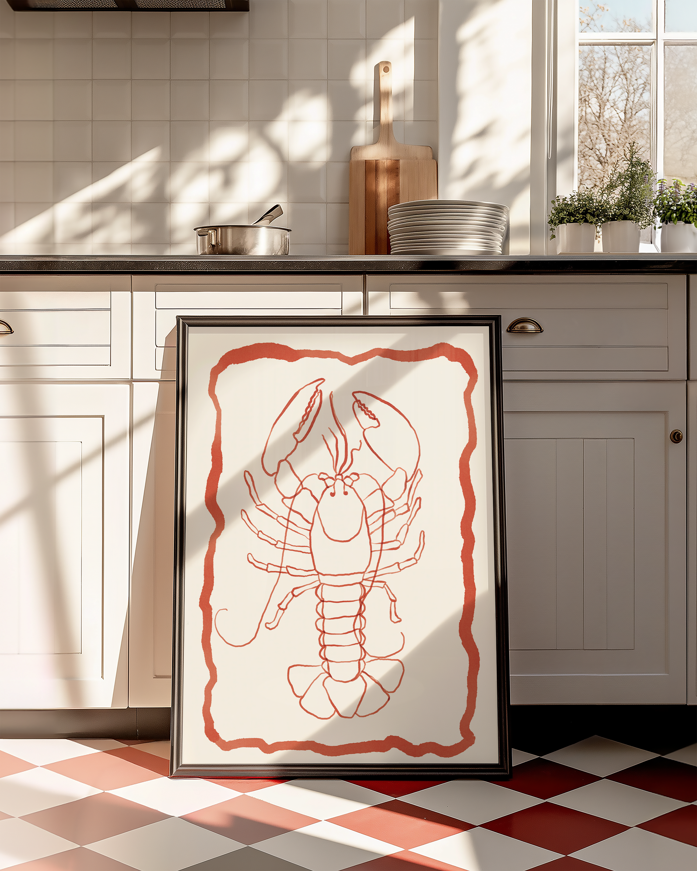 Bold dopamine decor print poster of a lobster in watercolour style. kitchen poster. Red and cream. ocean sea life poster