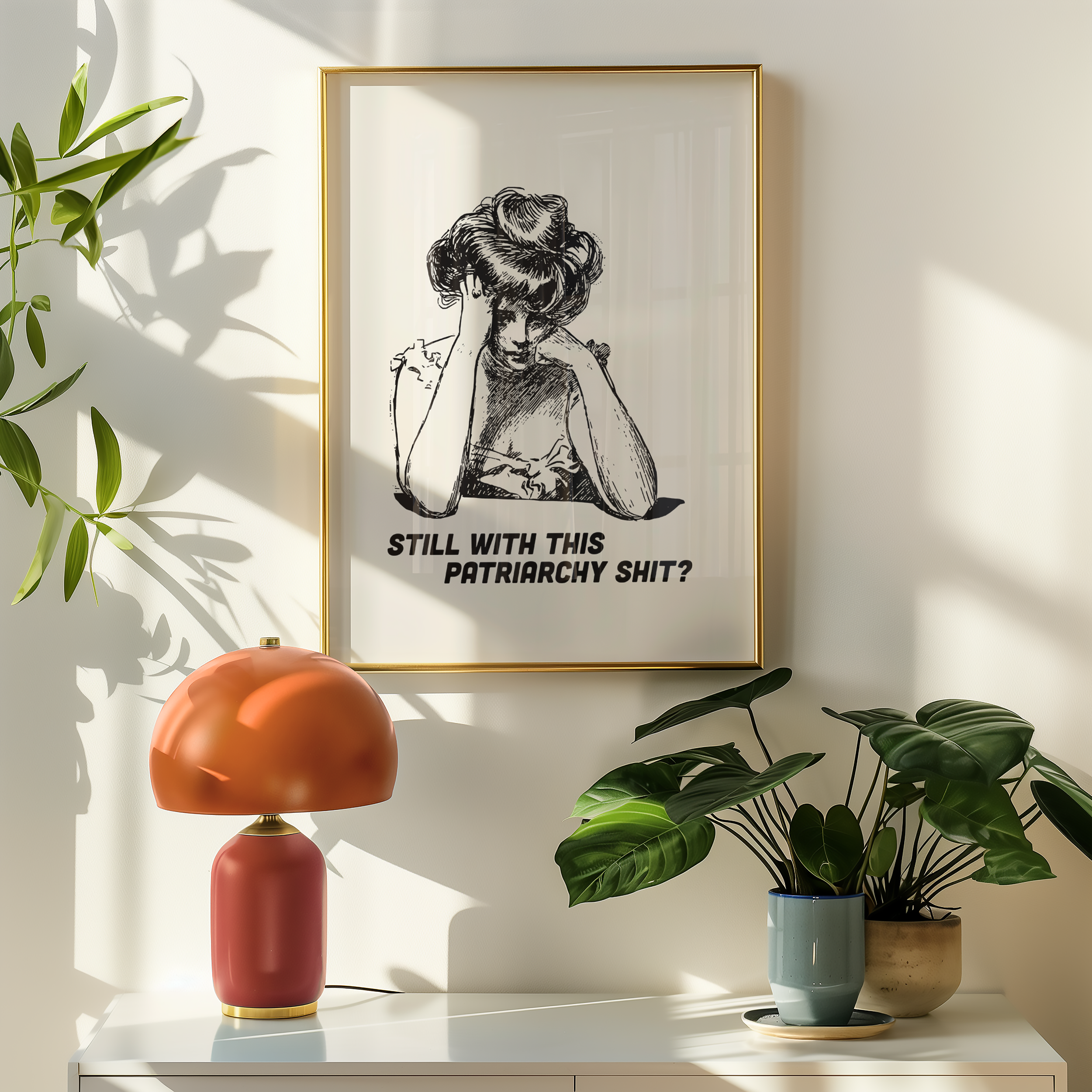 Black and White print of a bored looking Edwardian woman that says "Still with this Patriarchy shit?" Funny feminist print. Witty sassy dopamine decor poster.