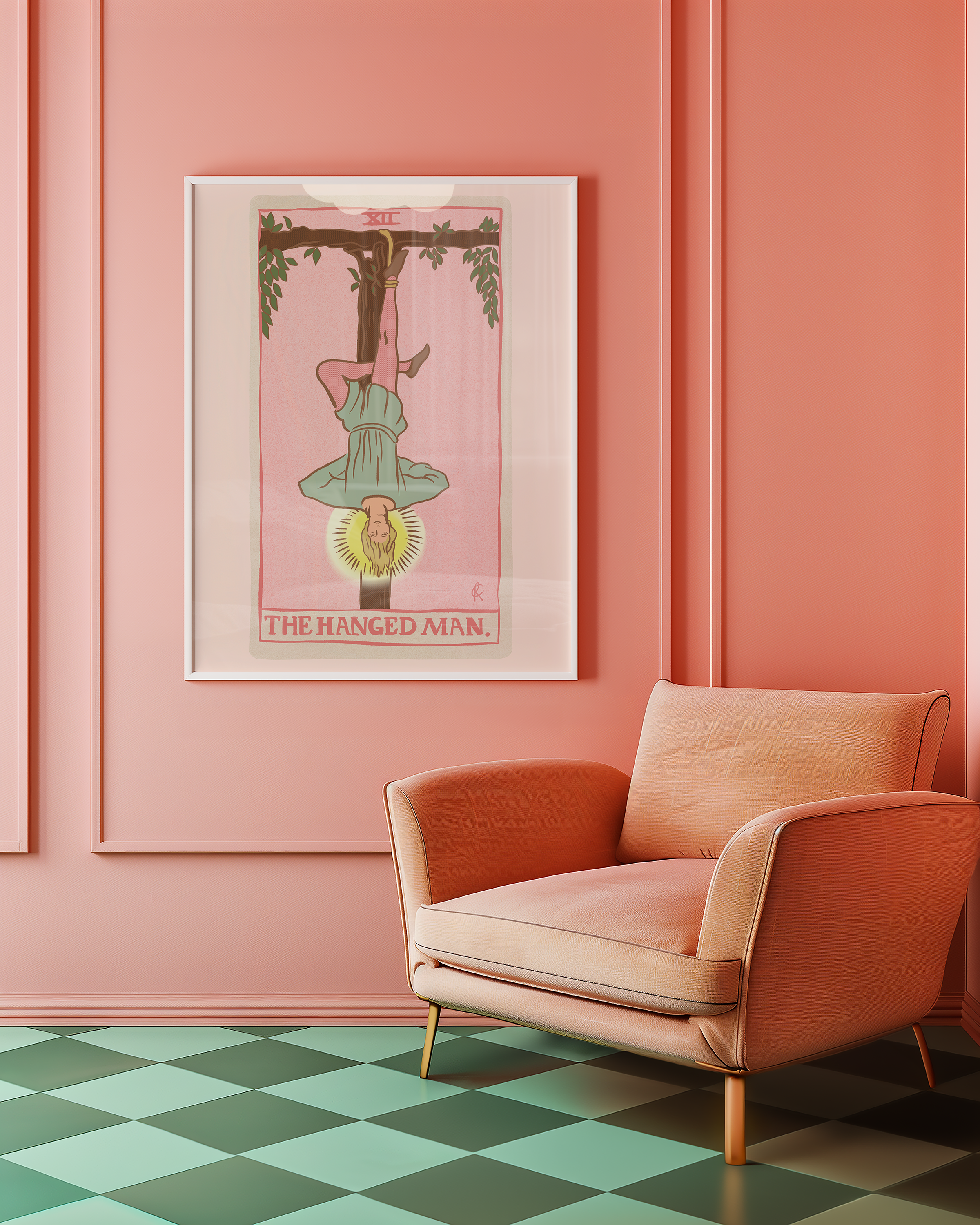 The Hanged man tarot card print, feminine pink witchy spiritual decor poster print.