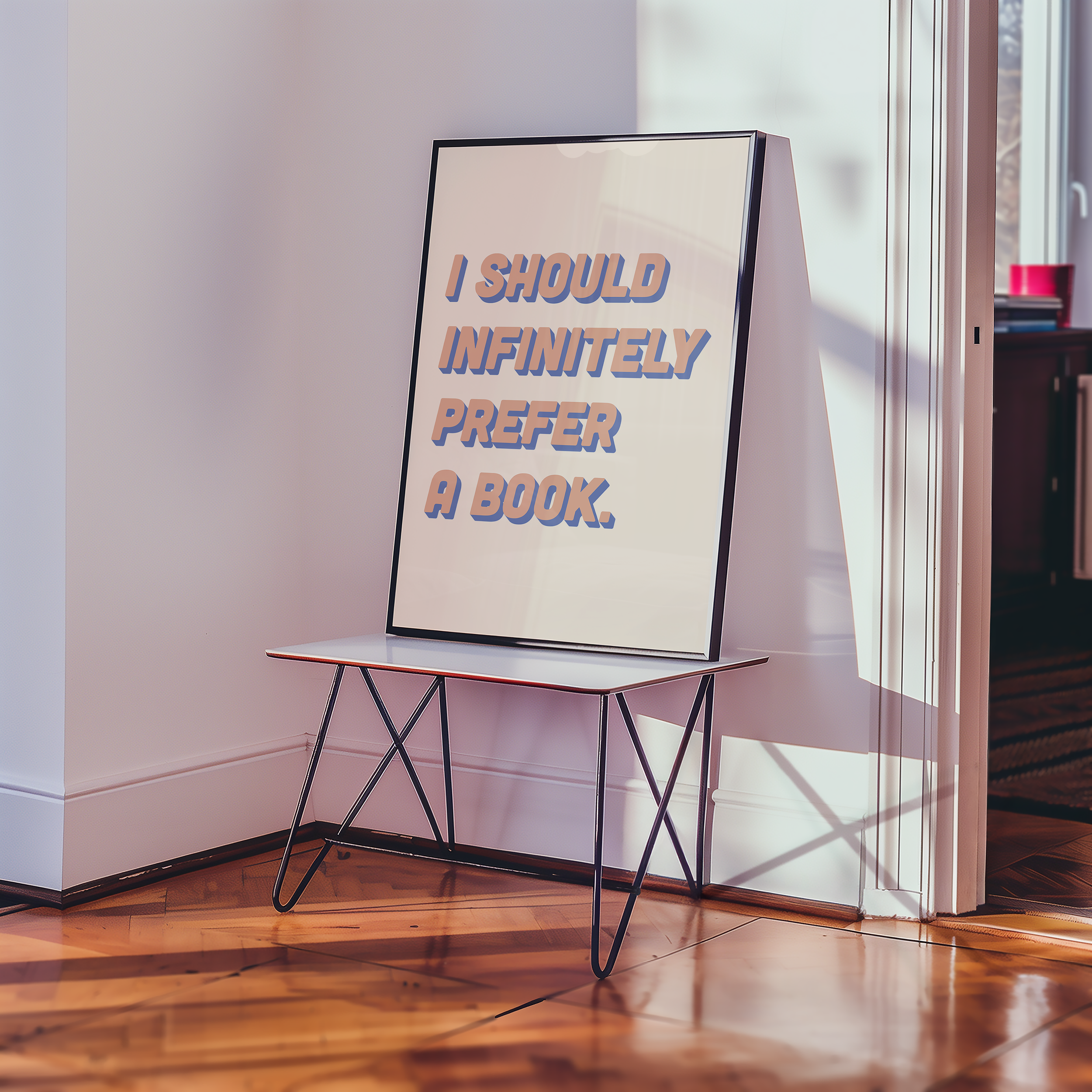 Bold dopamine decor quote print poster, “I should infinitely prefer a book.” Jane Eyre quote. retro two tone font pink and blue